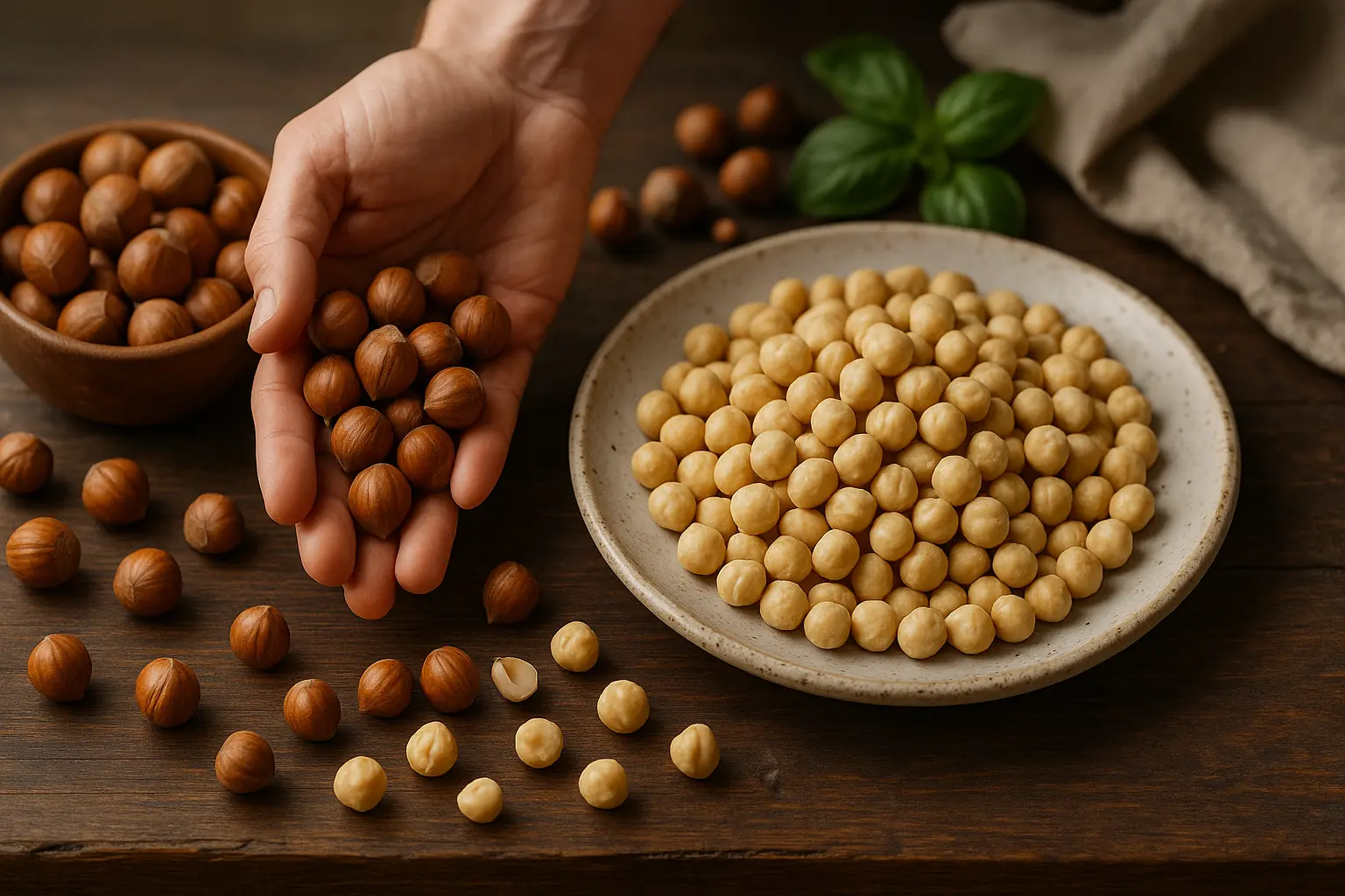 Noisettes fraîches de Sicile posées sur une table rustique