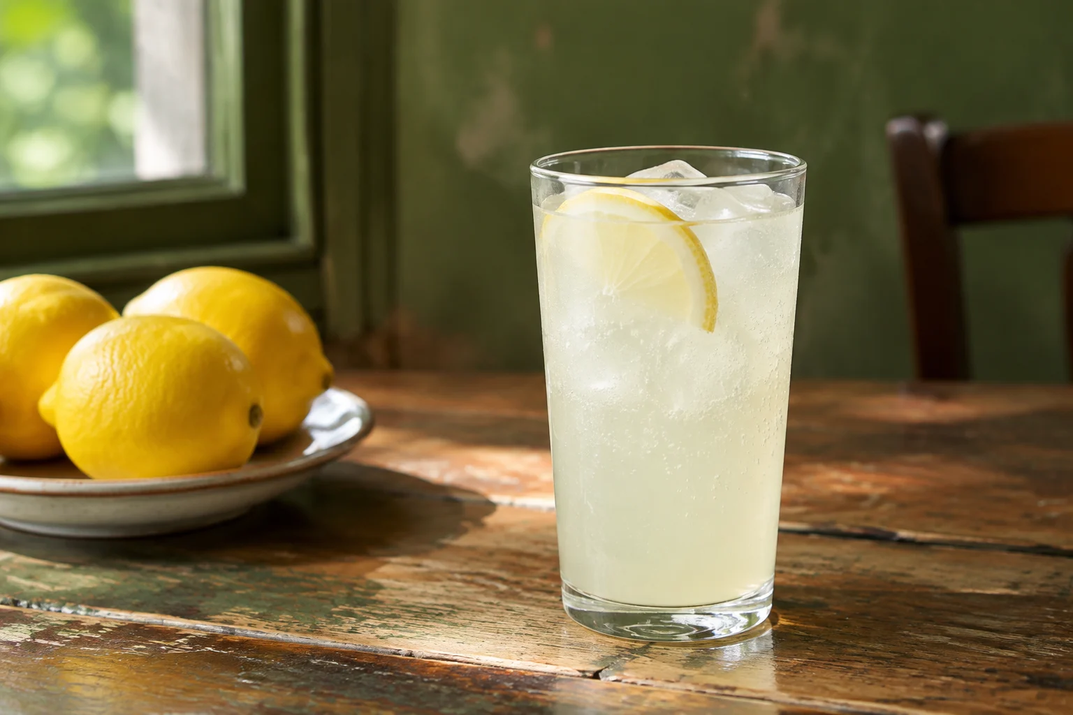 Verre de limonata pétillante avec des citrons siciliens en arrière-plan