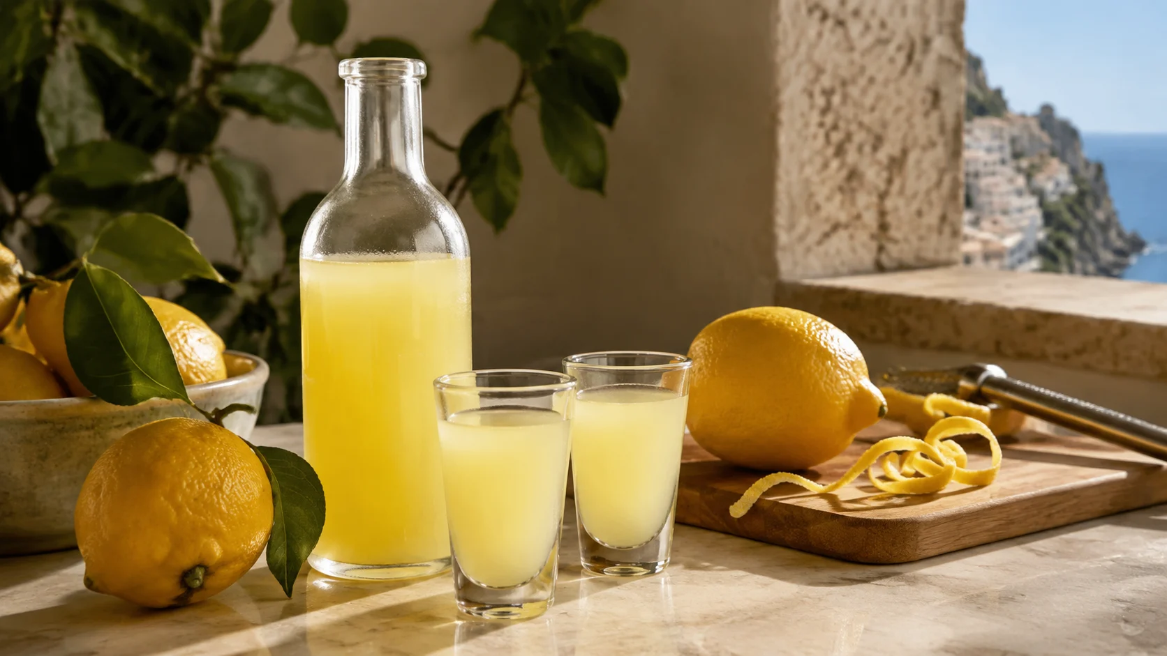 Verre de limoncello jaune vif avec zestes de citron en arrière-plan