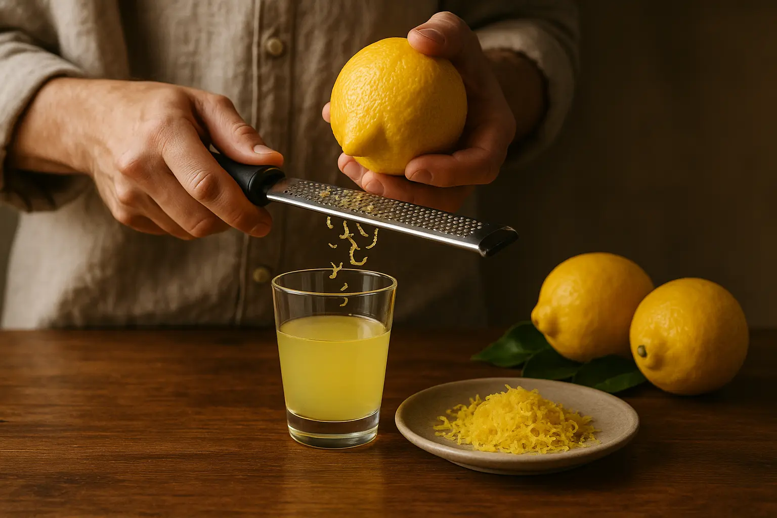Verre de limoncello jaune vif avec zestes de citron en arrière-plan