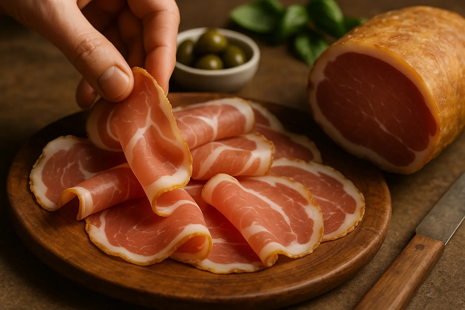 Fines tranches de lonza italienne sur planche en bois, charcuterie délicate et maigre