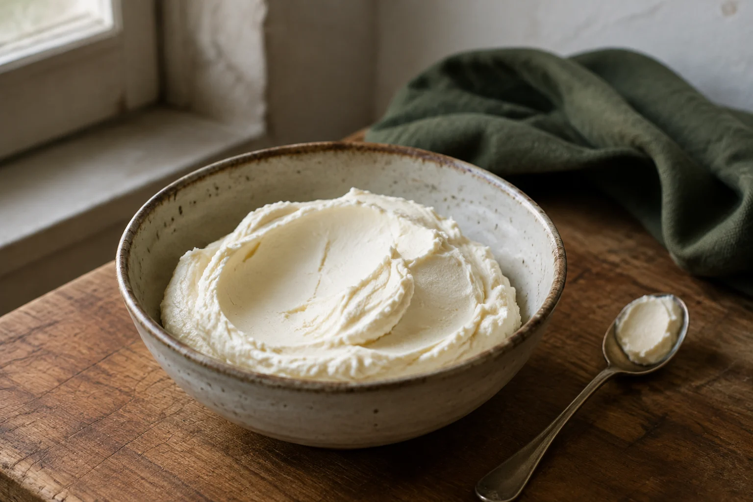Cuillerée de mascarpone onctueux dans un bol blanc
