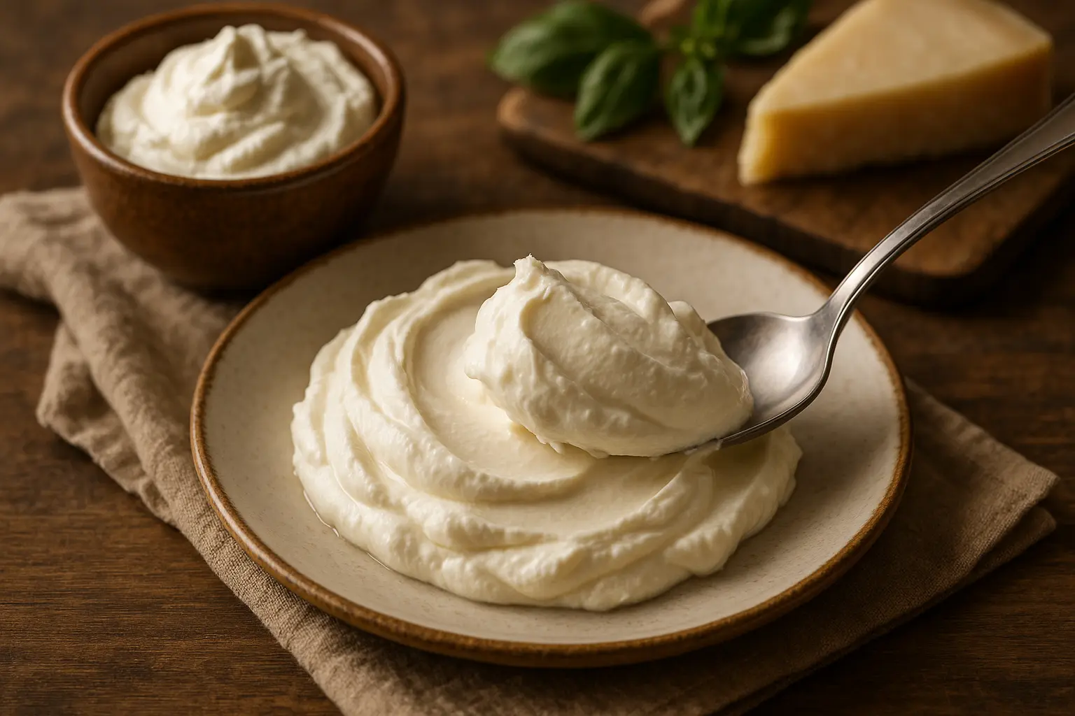 Cuillerée de mascarpone onctueux dans un bol blanc