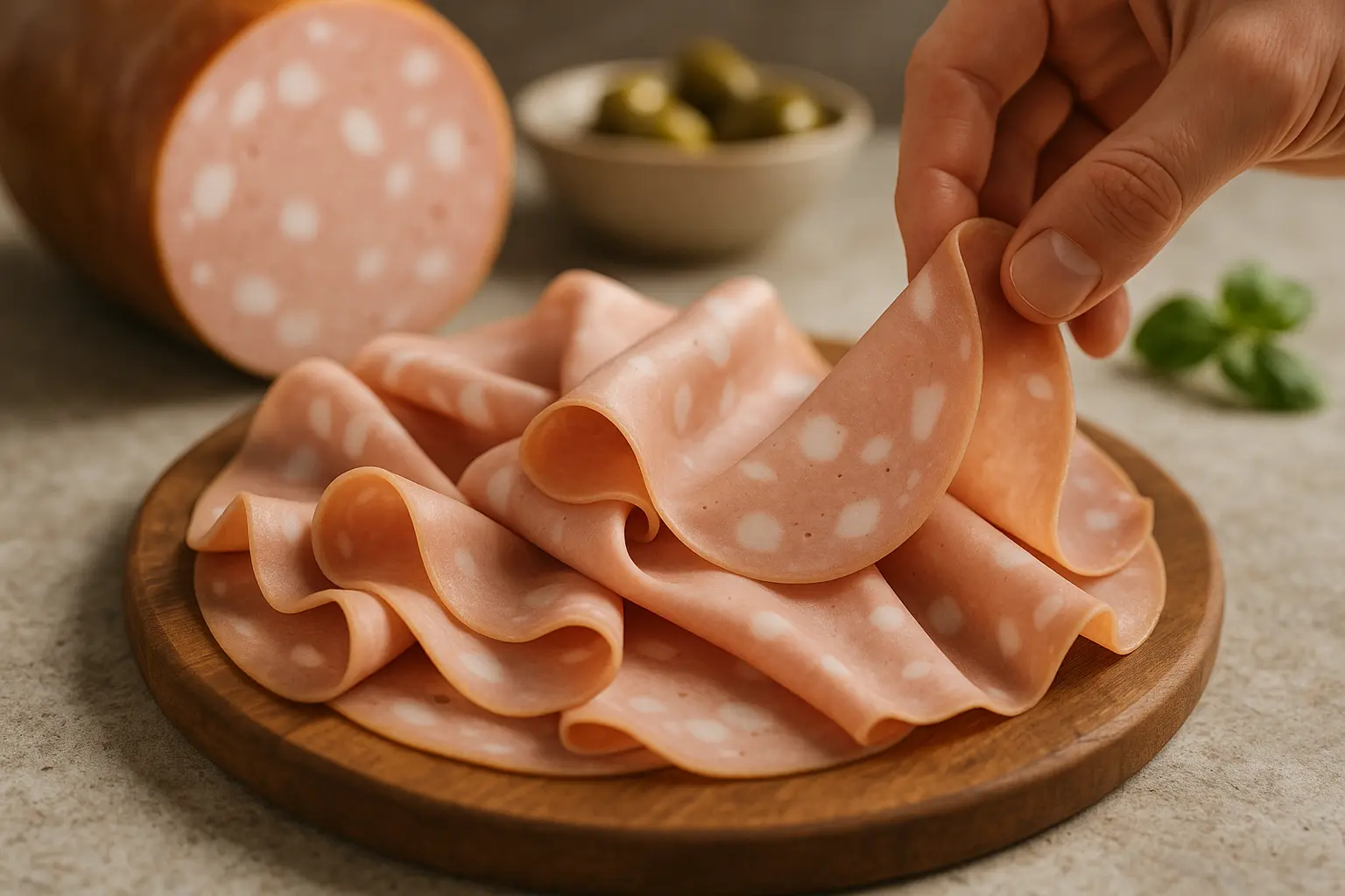 Tranches fines de Mortadella Bologna servies sur une planche en bois