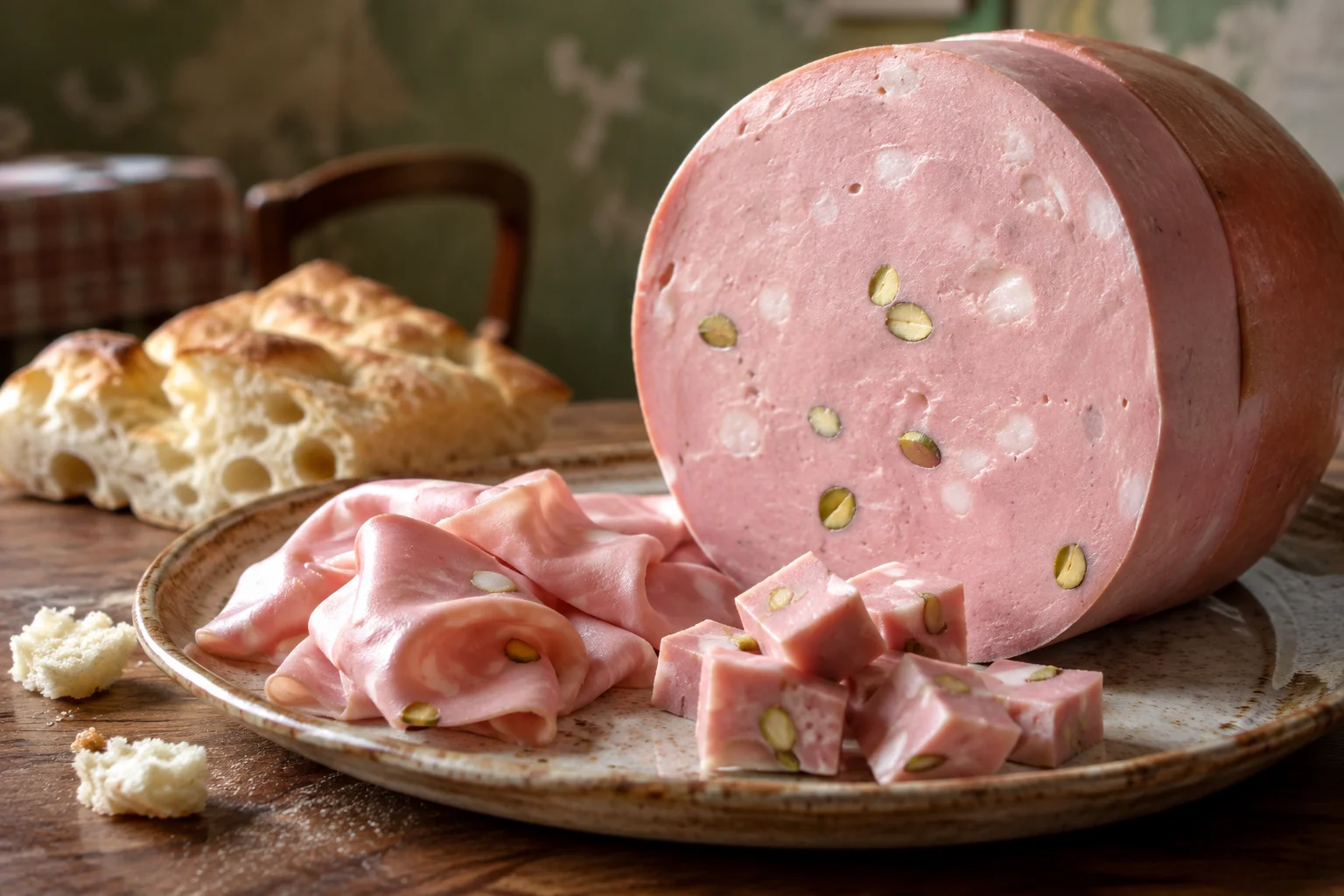 Tranches fines de Mortadella di Bologna sur planche en bois