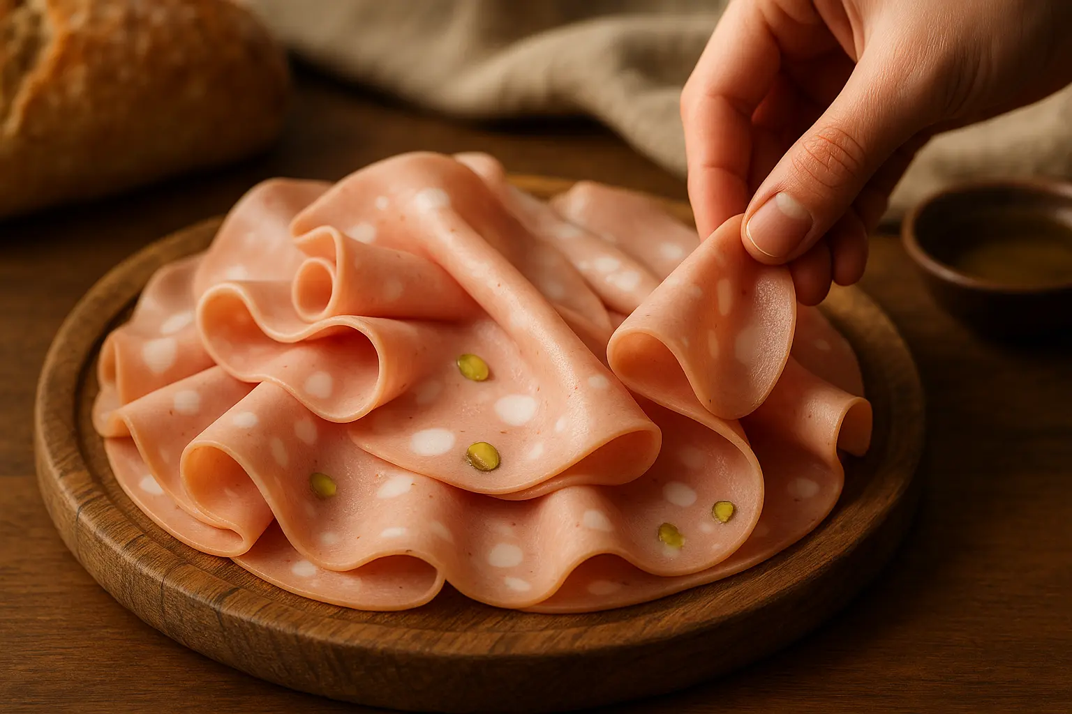 Tranches fines de Mortadella di Bologna sur planche en bois