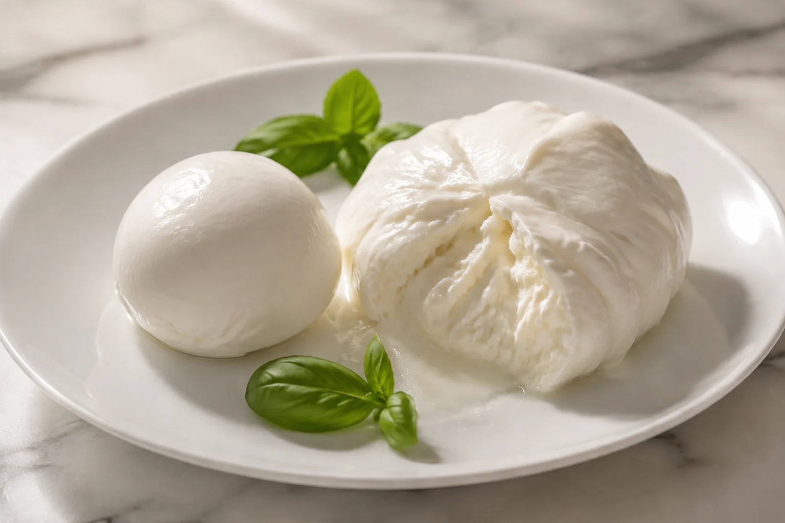 Deux mozzarella italiennes, Fior di Latte et Bufala, présentées sur une planche en bois