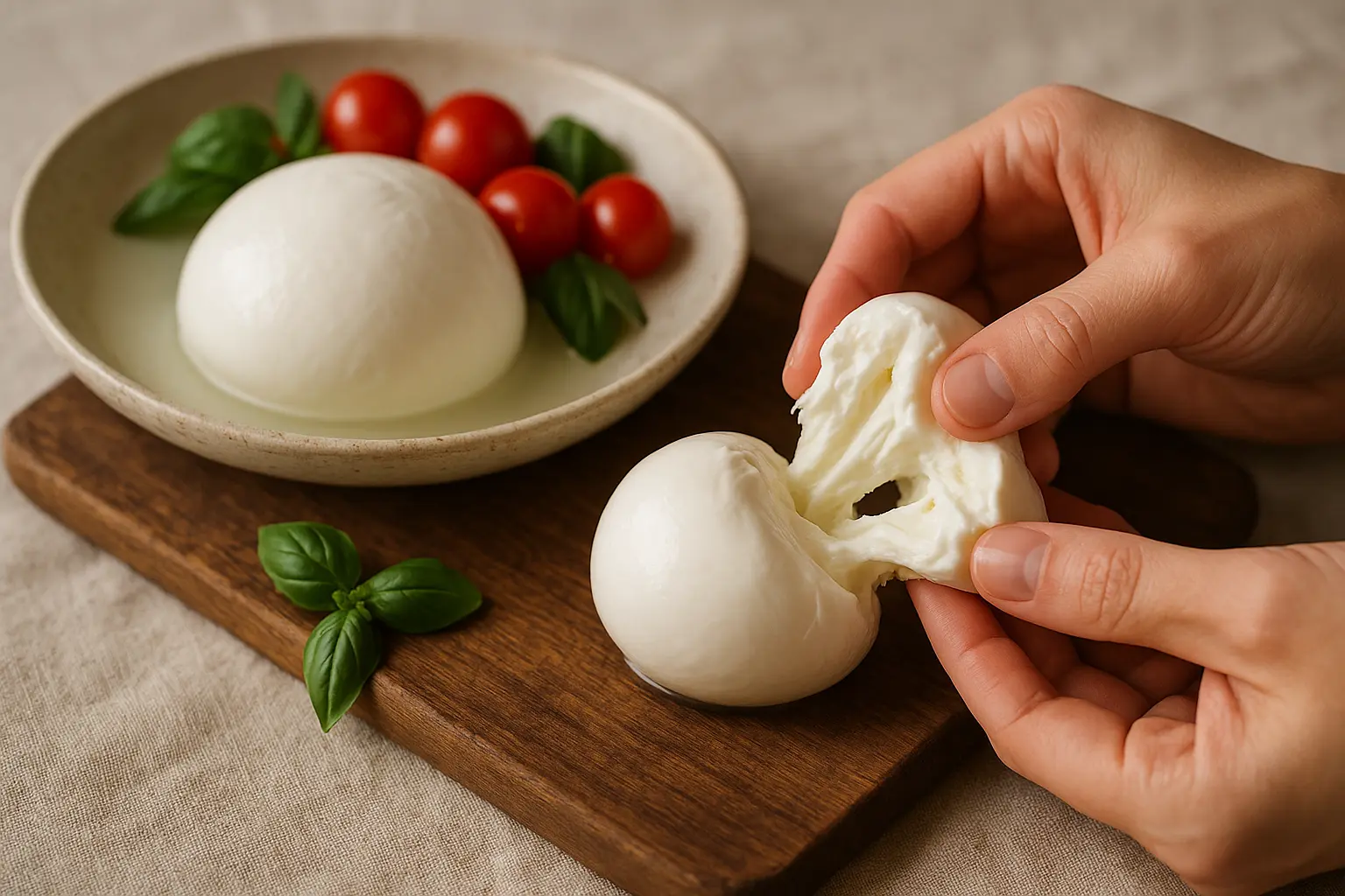 Deux mozzarella italiennes, Fior di Latte et Bufala, présentées sur une planche en bois
