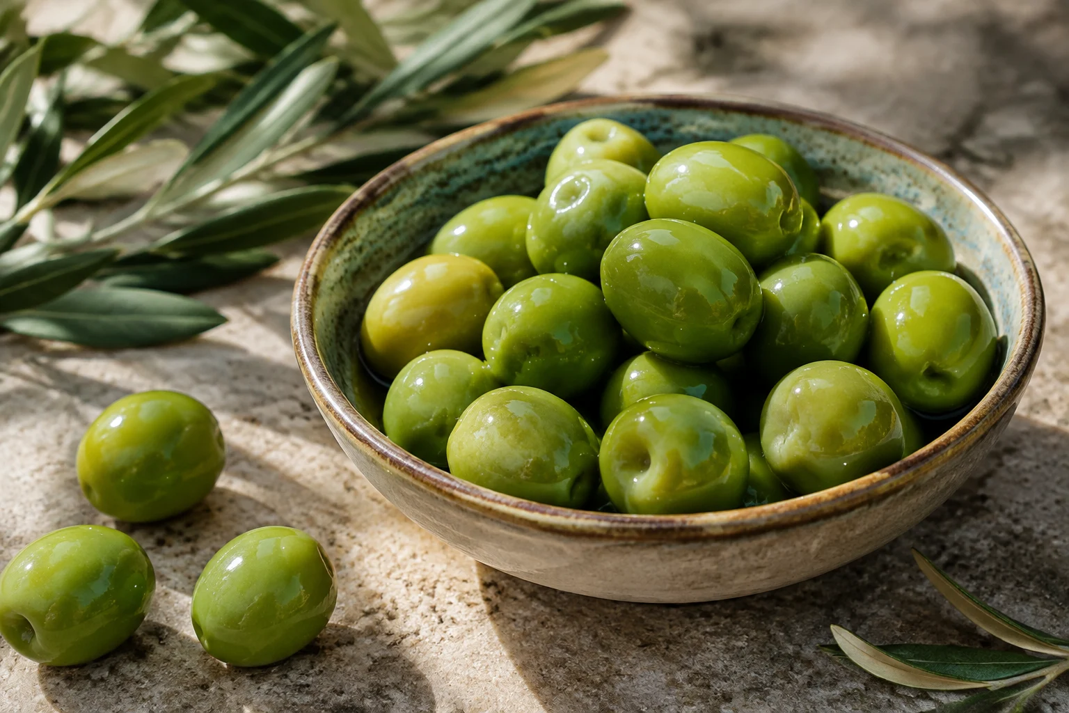 Gros plan sur des olives Castelvetrano vertes et charnues
