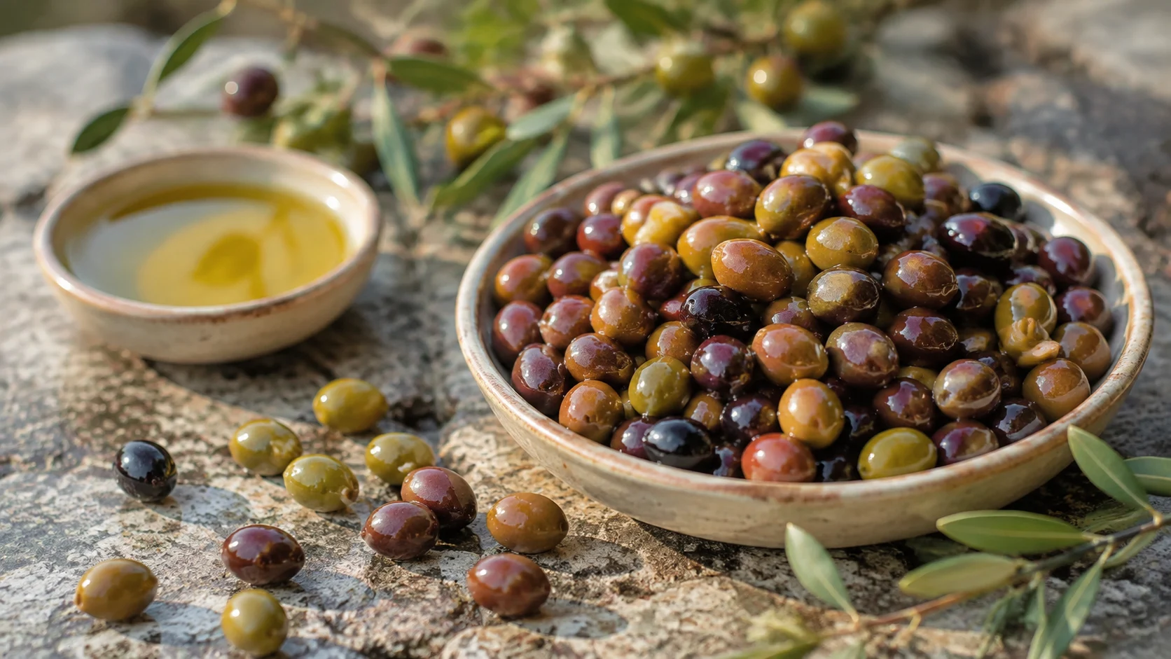 Olives Taggiasca posées dans un panier en bois dans une oliveraie ligure