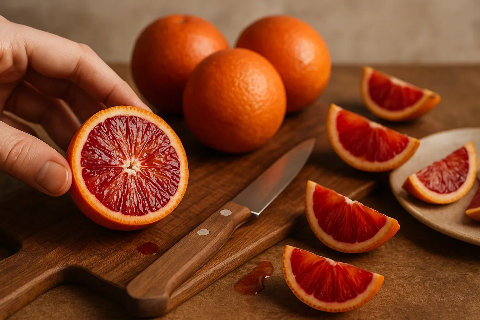 Orange sanguine de Sicile éclatante et tranches de pulpe rouge vif