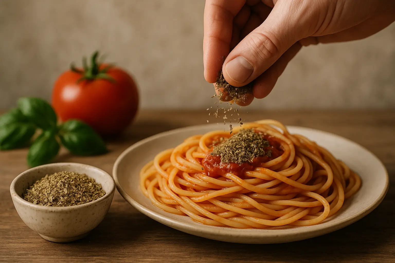 Feuilles d’origan séché typiquement italien sur fond rustique