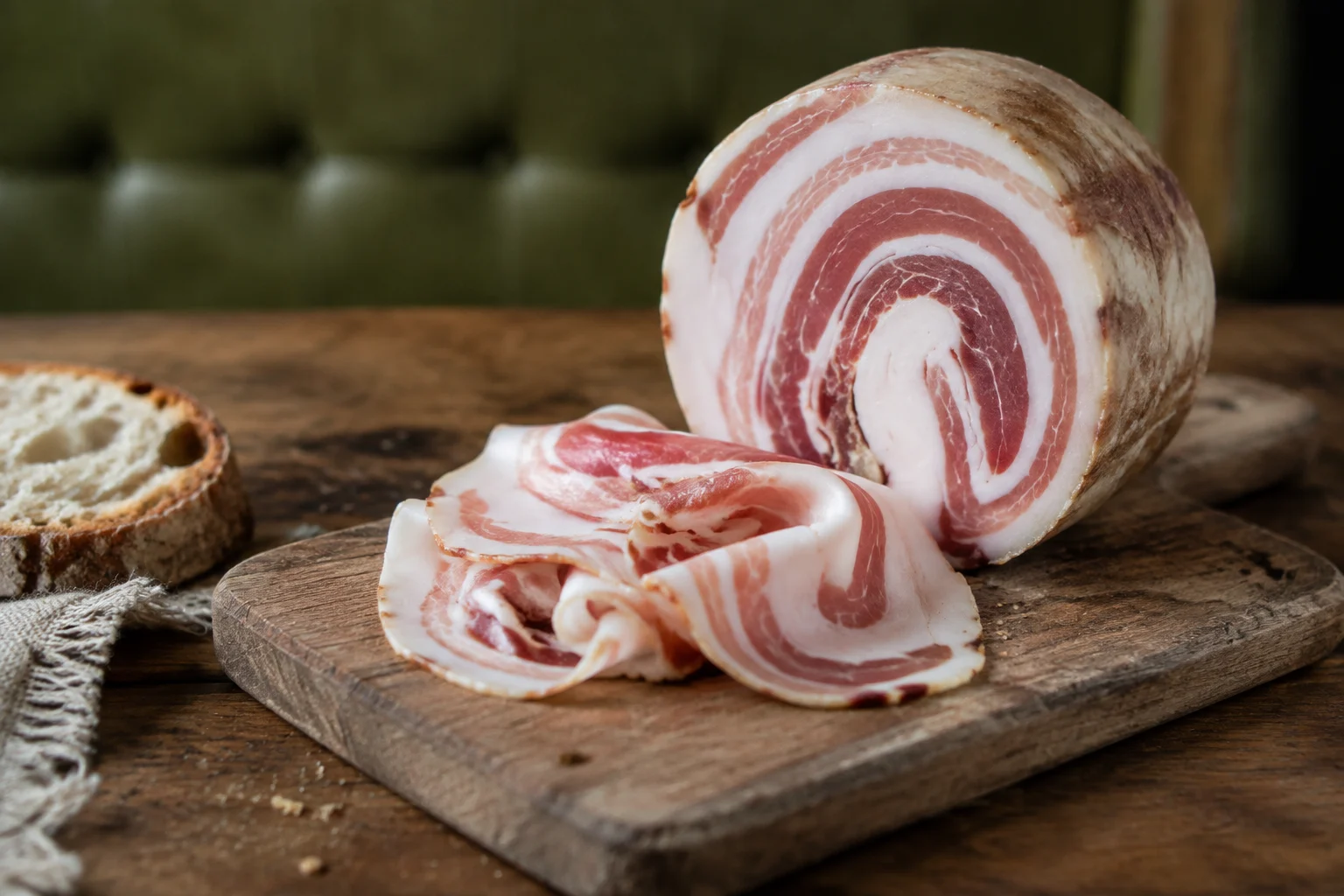 Tranches fines de pancetta italienne roulée sur une planche en bois