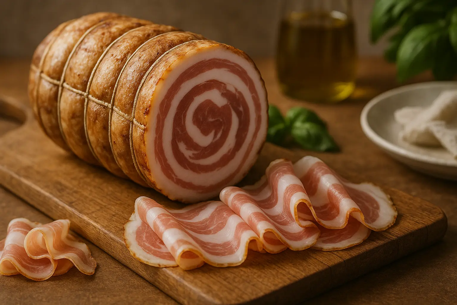 Tranches fines de pancetta italienne roulée sur une planche en bois