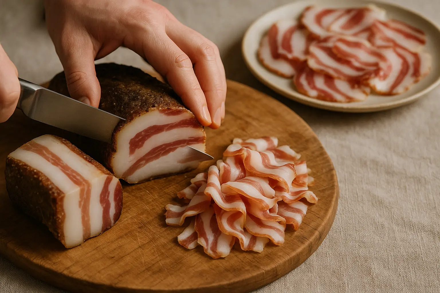 Tranches de pancetta et guanciale côte à côte