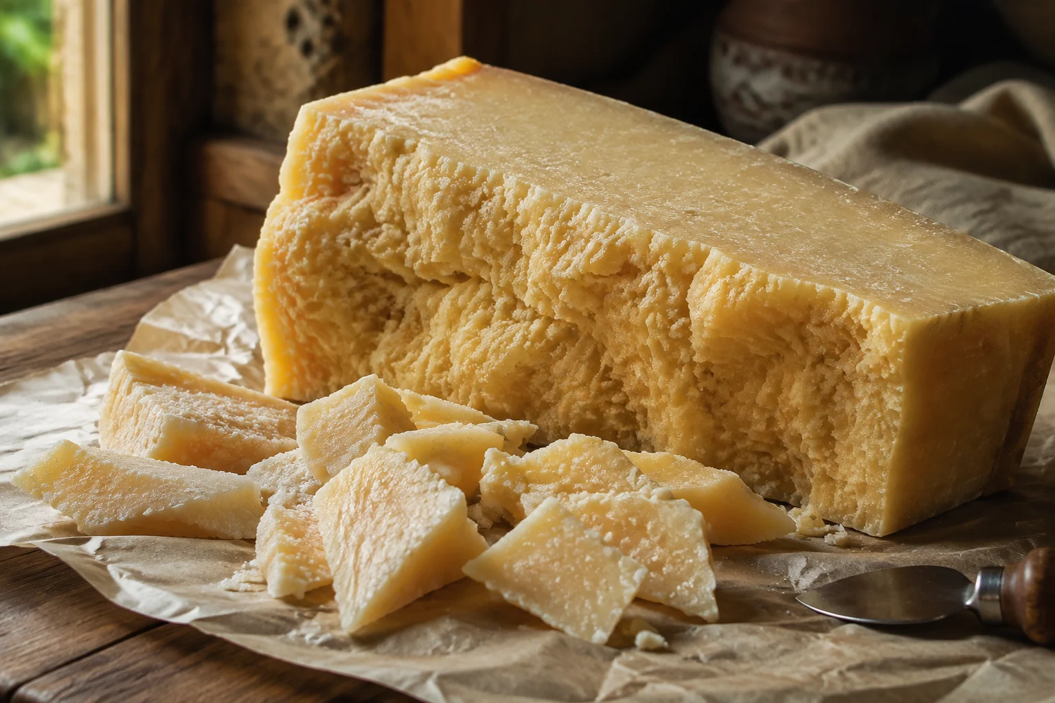 Bloc de fromage Parmigiano Reggiano avec croûte marquée à points