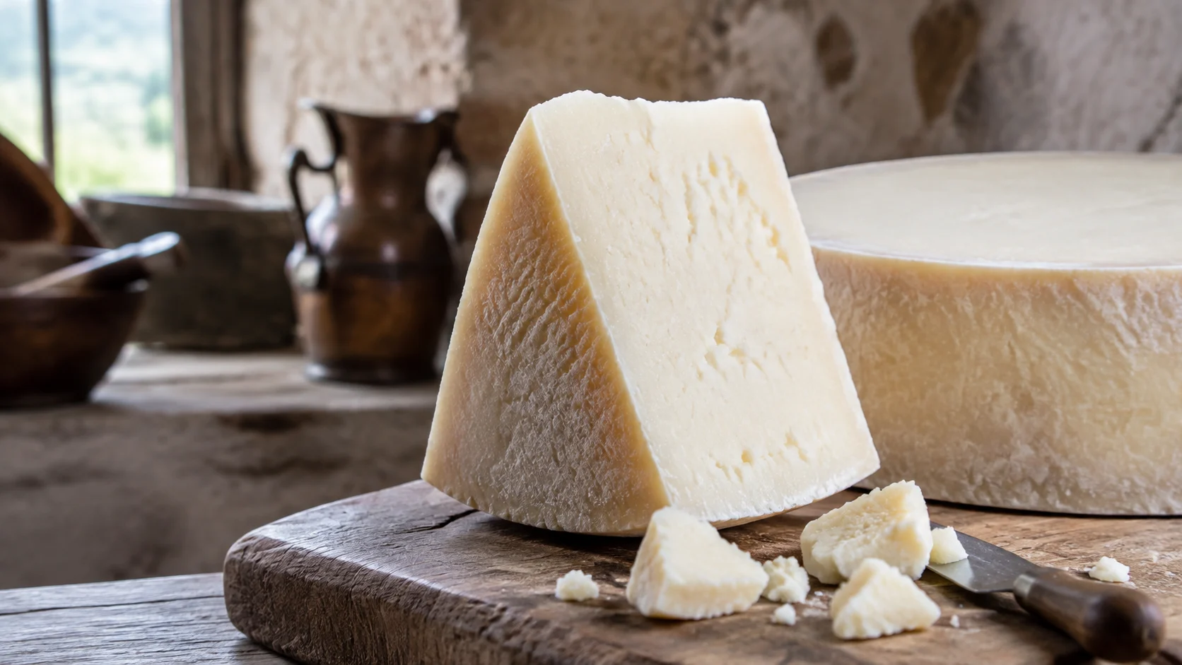 Fromage Pecorino Romano râpé et en morceaux sur une planche en bois
