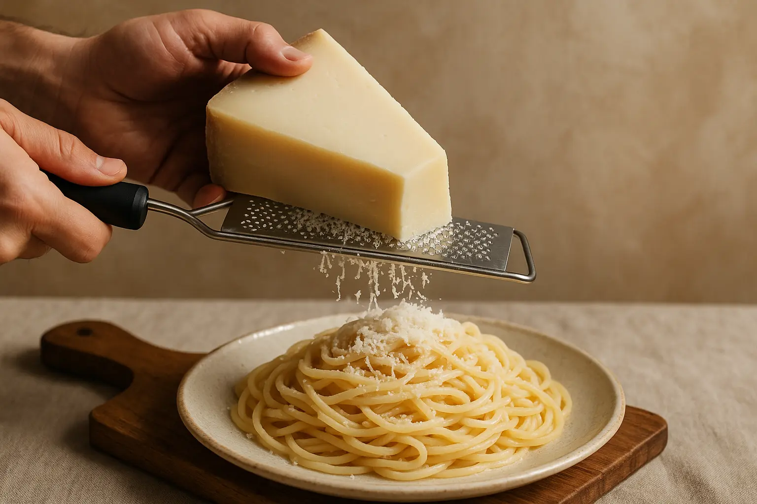 Fromage Pecorino Romano râpé et en morceaux sur une planche en bois
