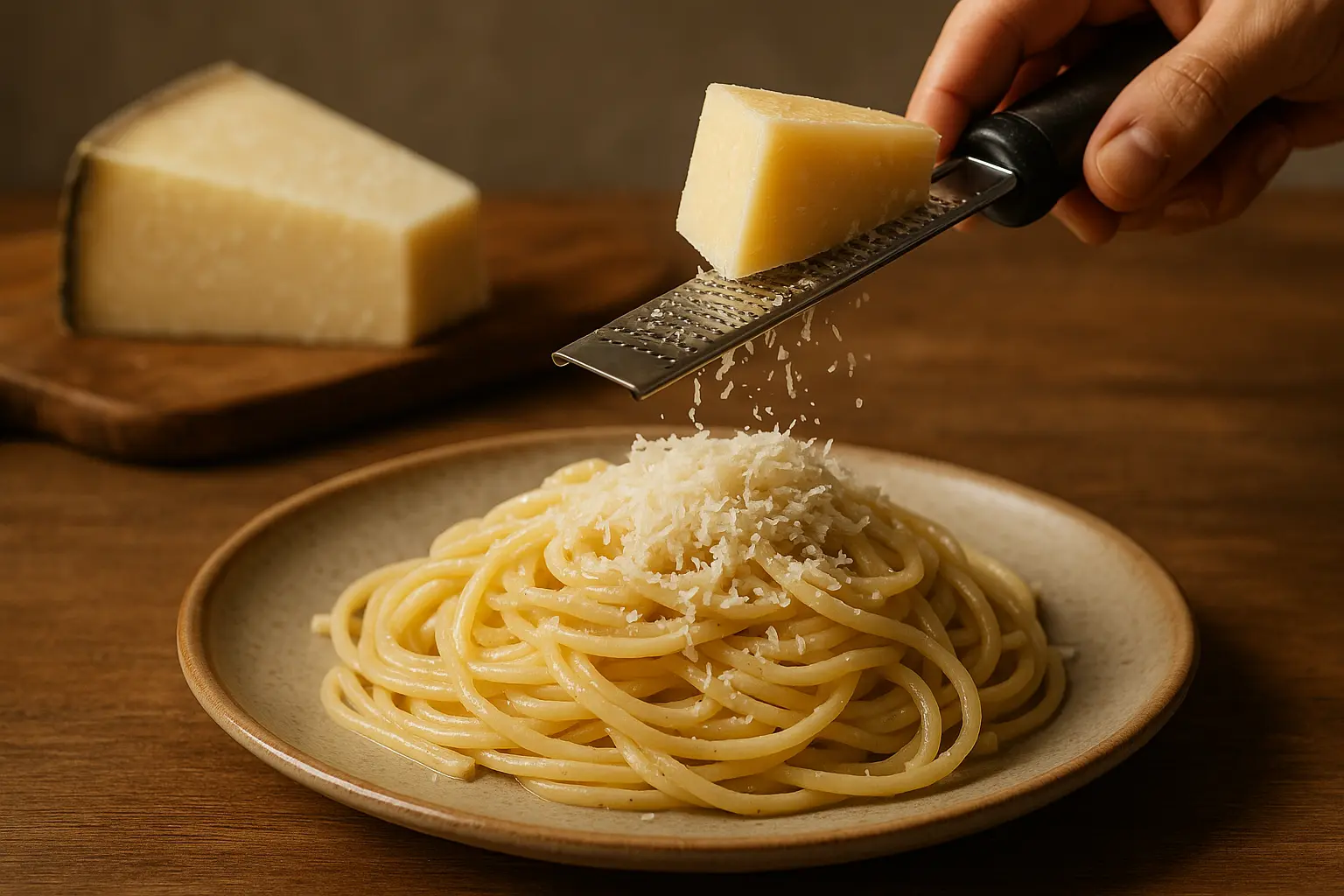 Pecorino Romano, fromage au lait de brebis, râpé sur des pâtes