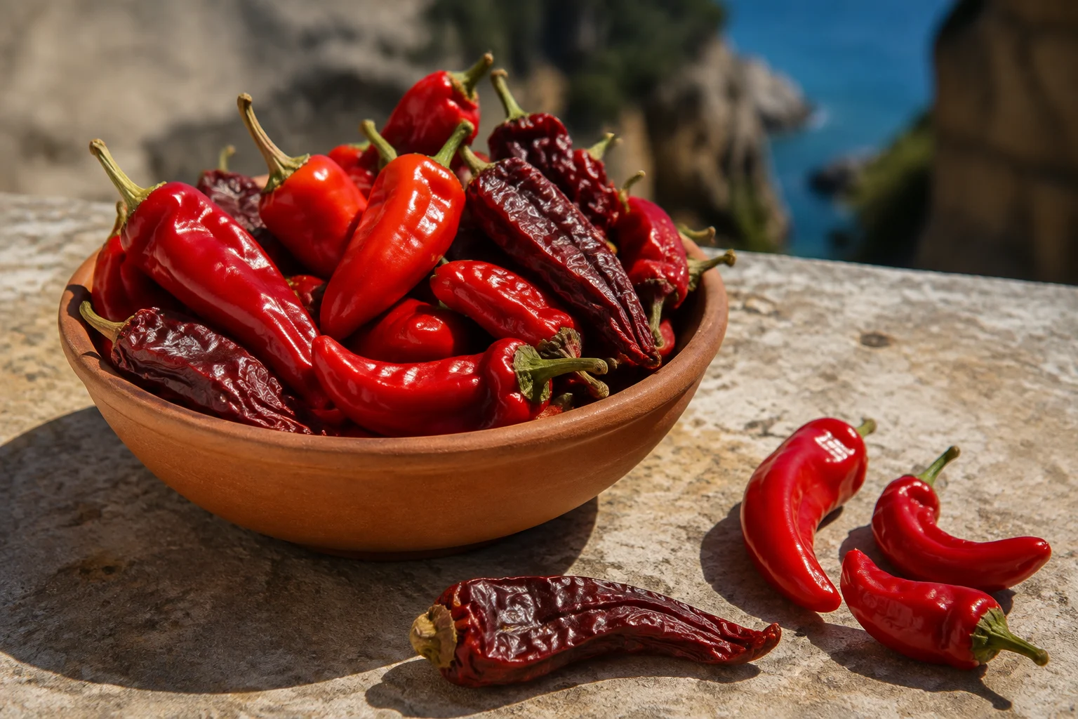 Piments rouges secs suspendus en guirlandes dans une région ensoleillée de Calabre