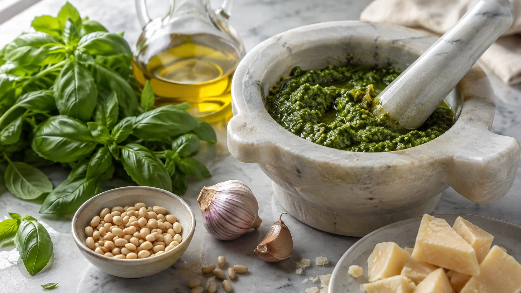 Basilic frais, pignons, ail, fromages et huile d’olive pour un pesto Genovese authentique