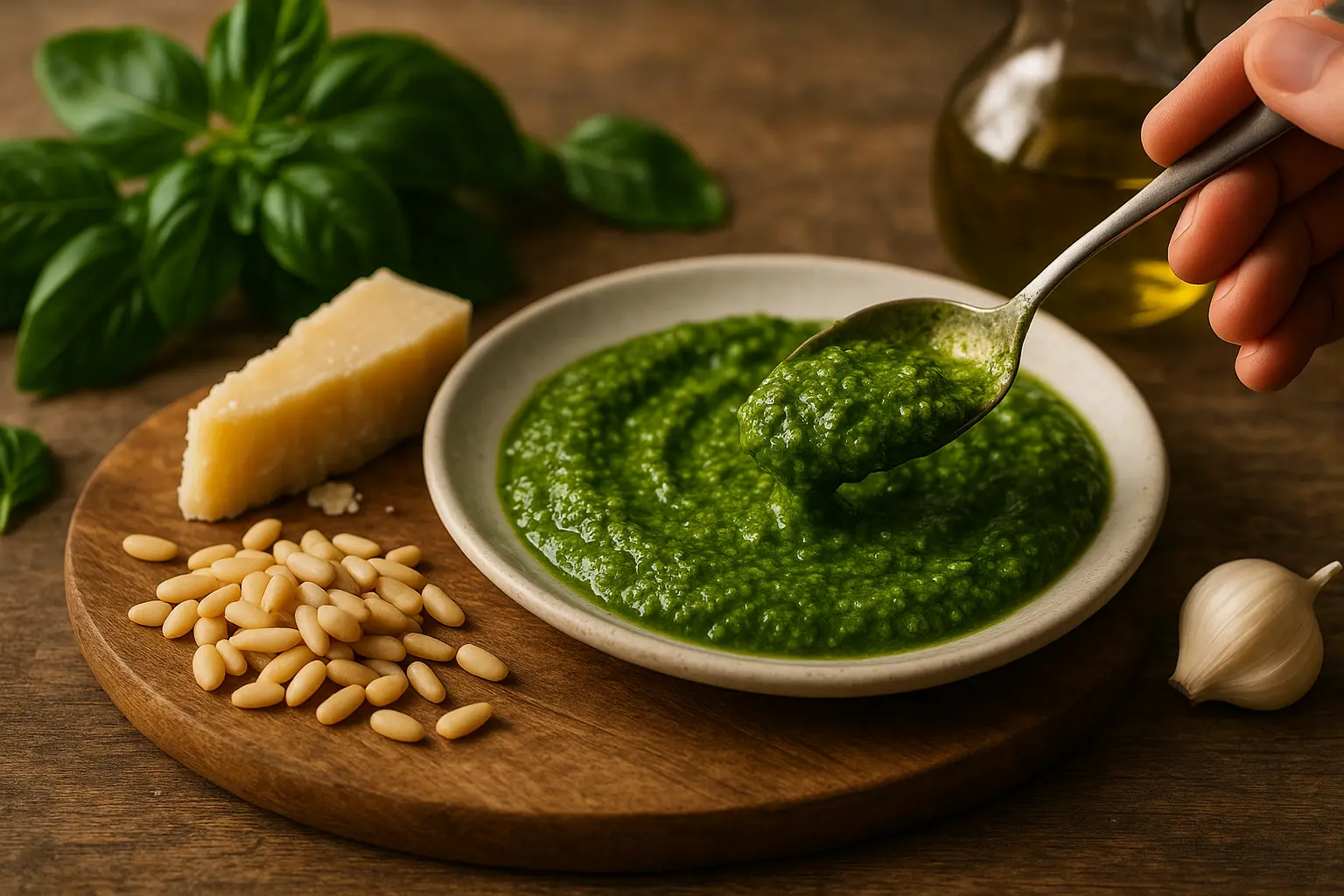 Basilic frais, pignons, ail, fromages et huile d’olive pour un pesto Genovese authentique