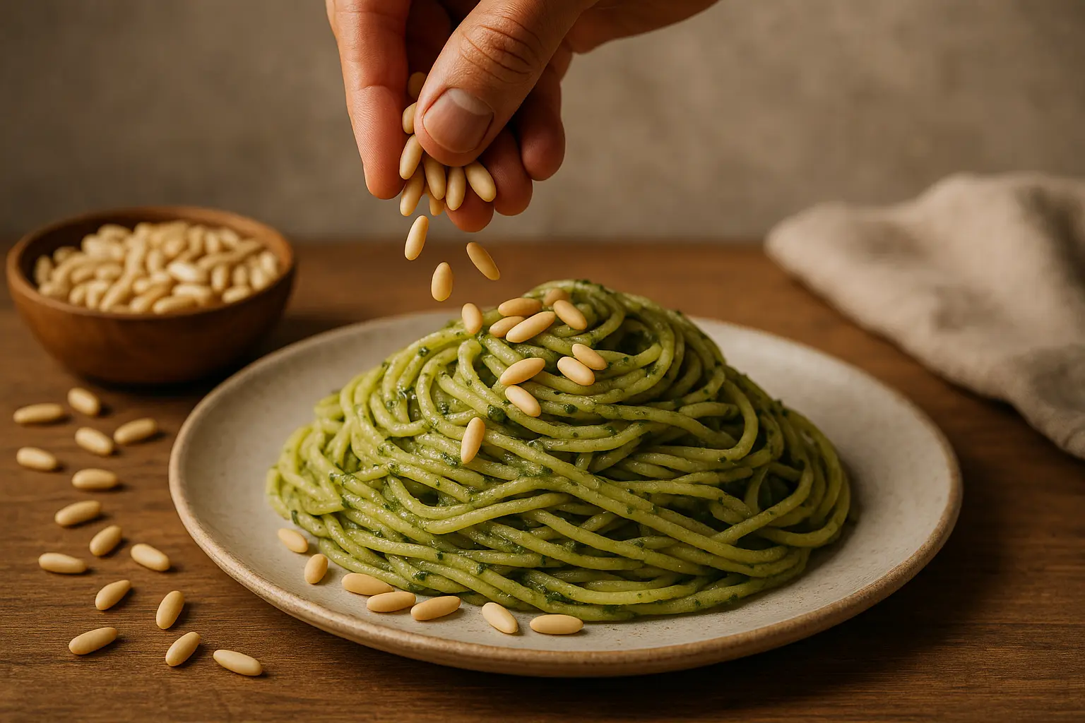 Pignons de pin italiens sur une planche en bois