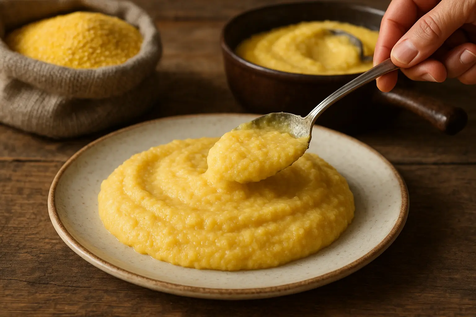 Bol de polenta crémeuse avec des herbes fraîches