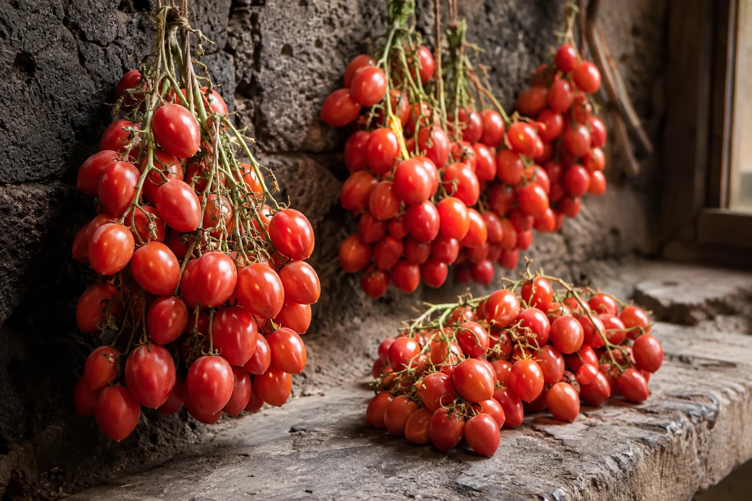 Grappes de Pomodoro del Piennolo suspendues, tomates rouges brillantes, terroir Vésuve