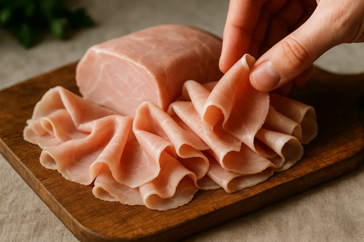 Tranches fines de prosciutto cotto sur planche en bois