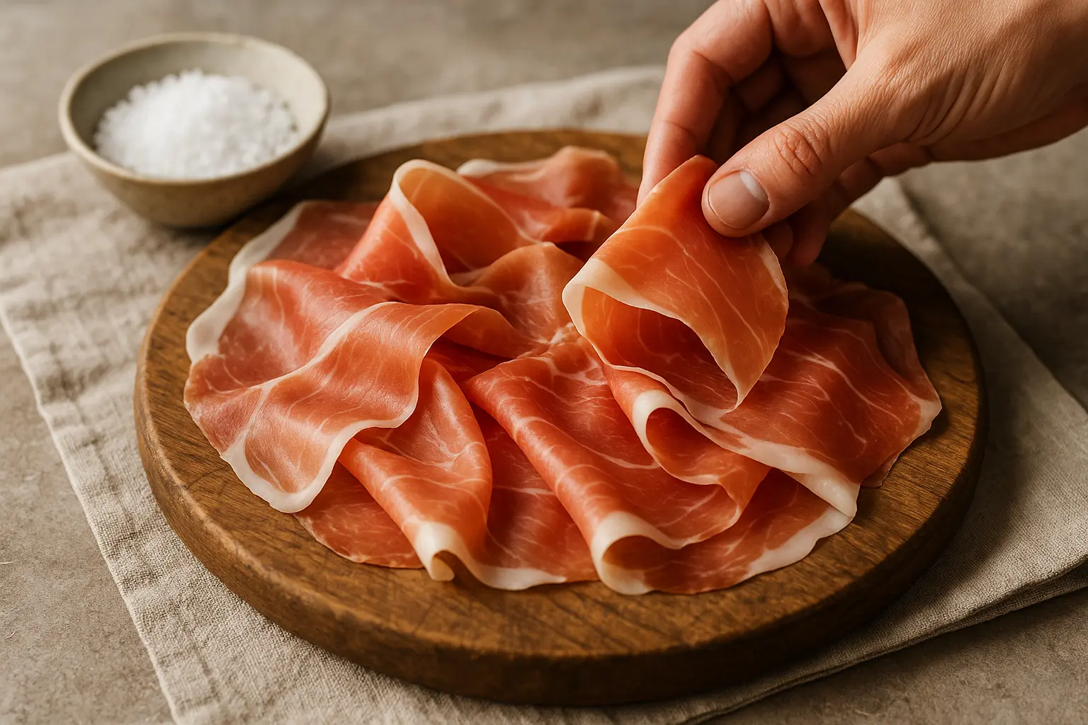 Tranches fines de Prosciutto di Parma sur planche en bois