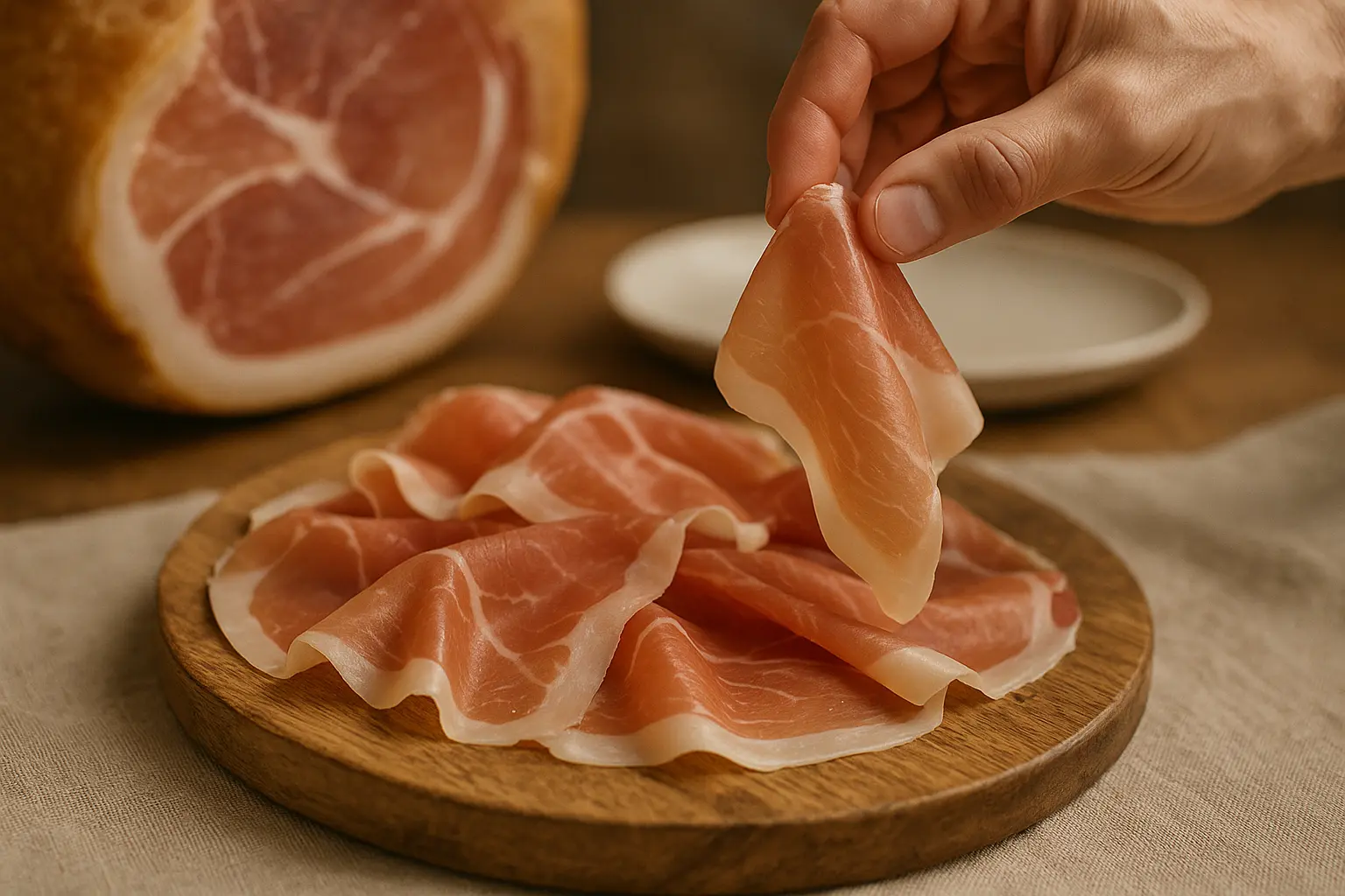 Tranches fines de Prosciutto di Parma sur planche en bois