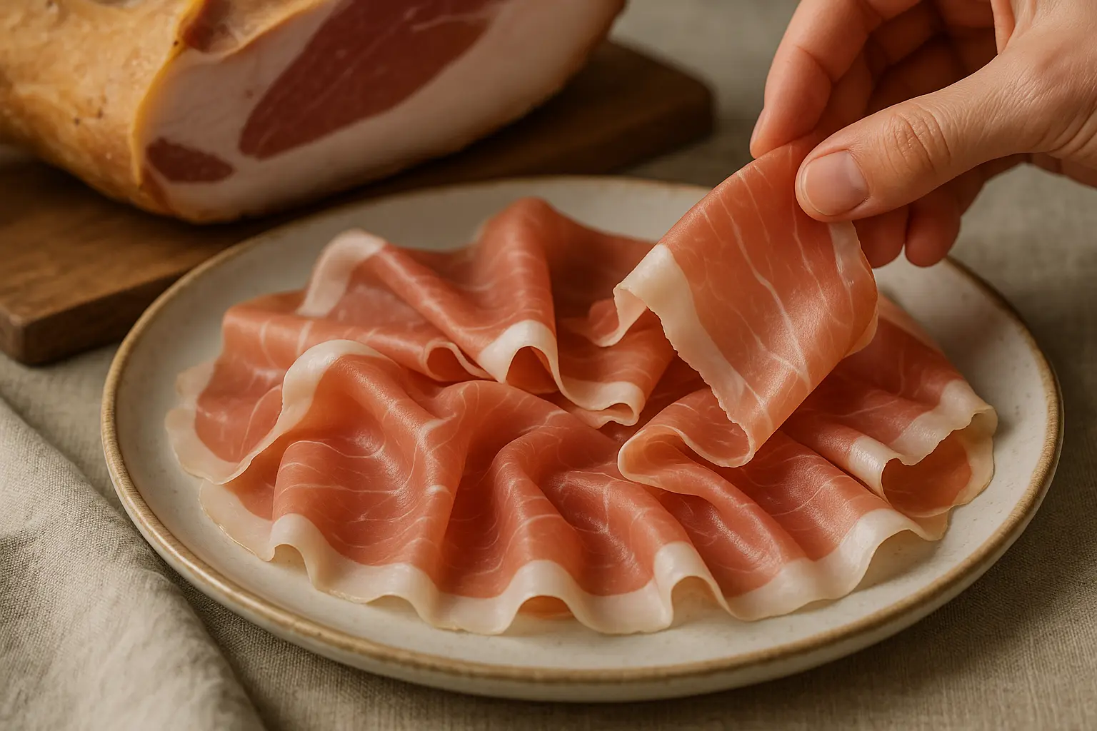 Tranches fines de Prosciutto di San Daniele délicatement disposées