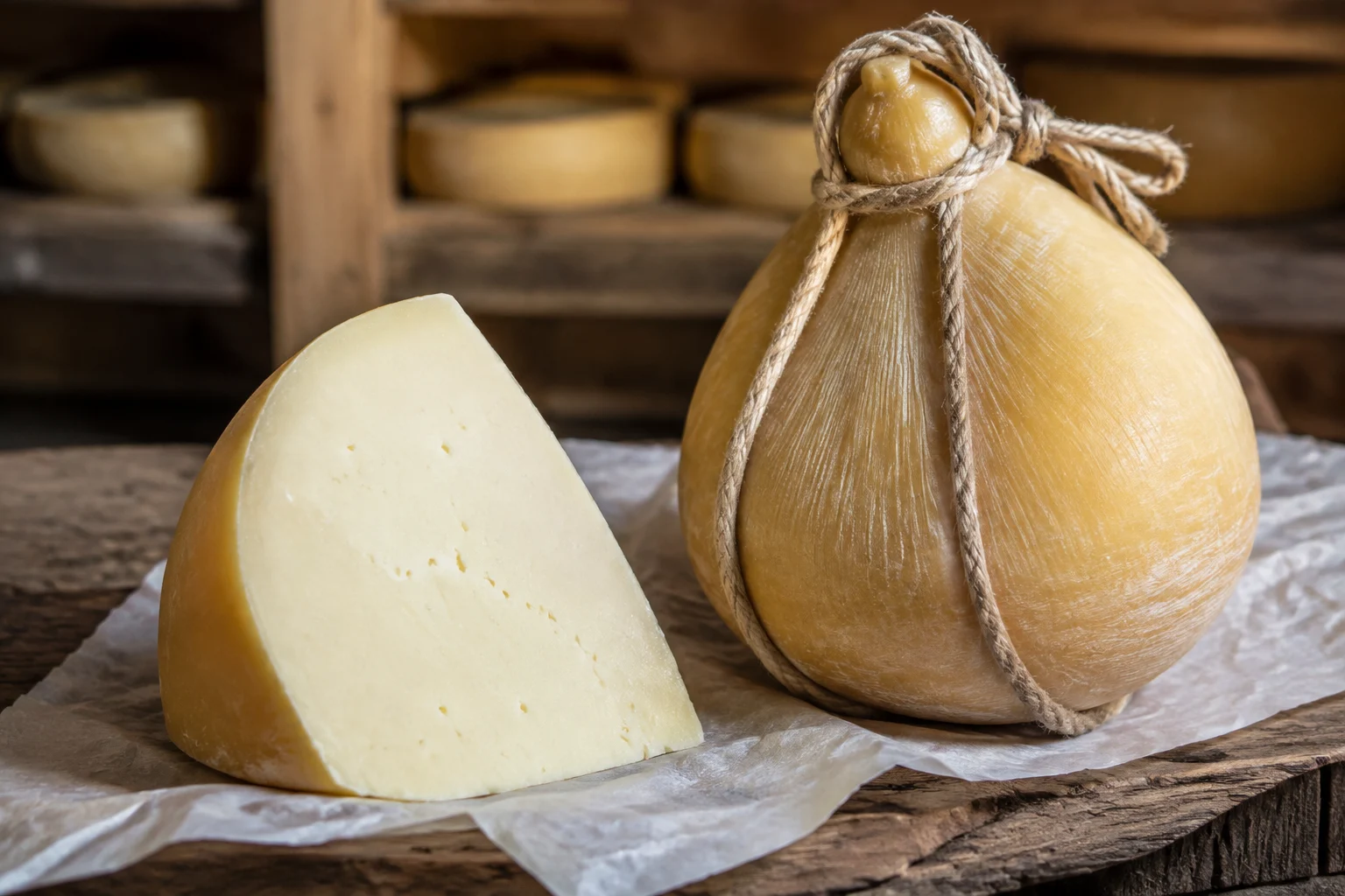 Tranches de provolone italien sur une planche en bois
