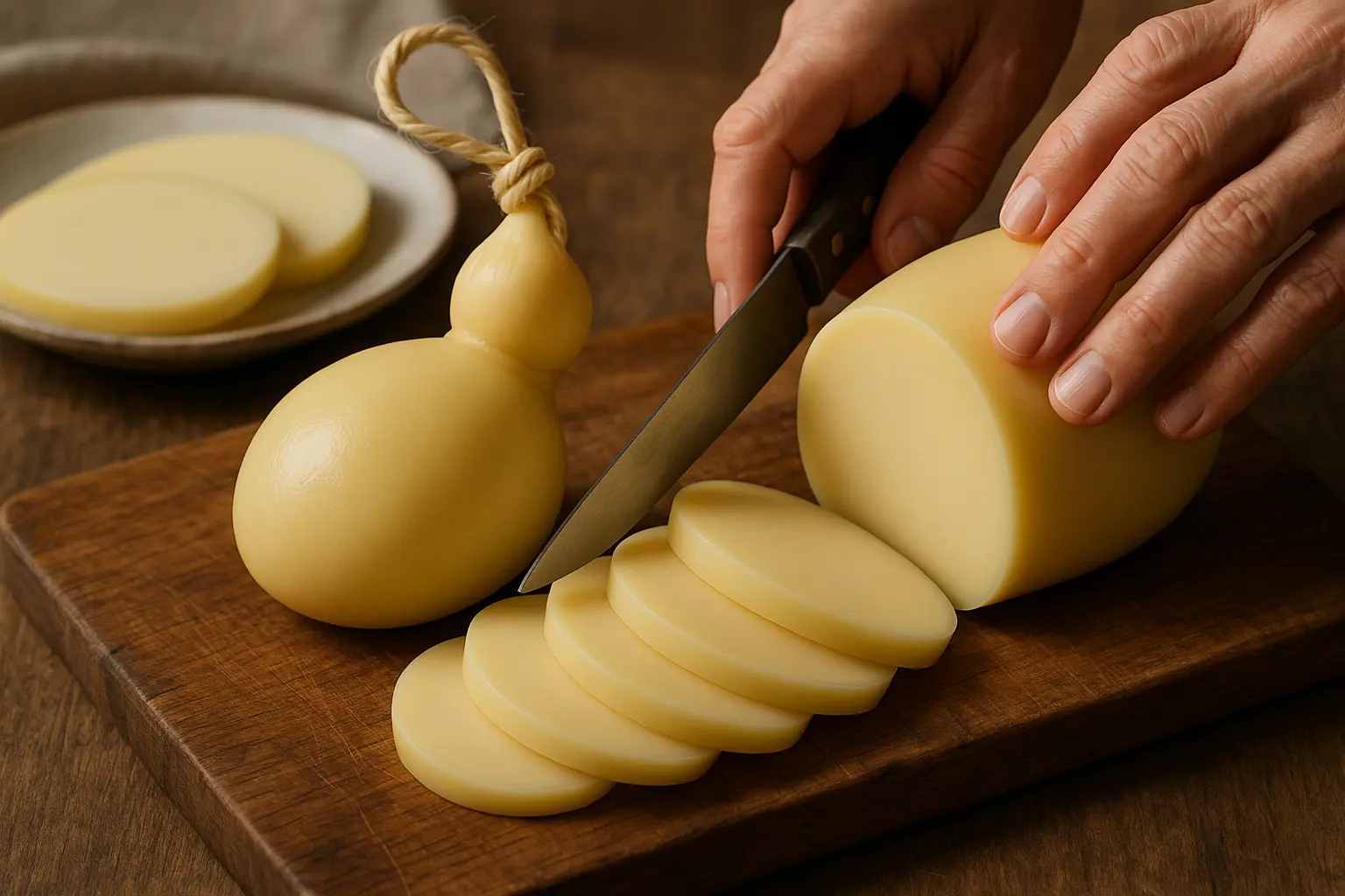 Tranches de provolone italien sur une planche en bois