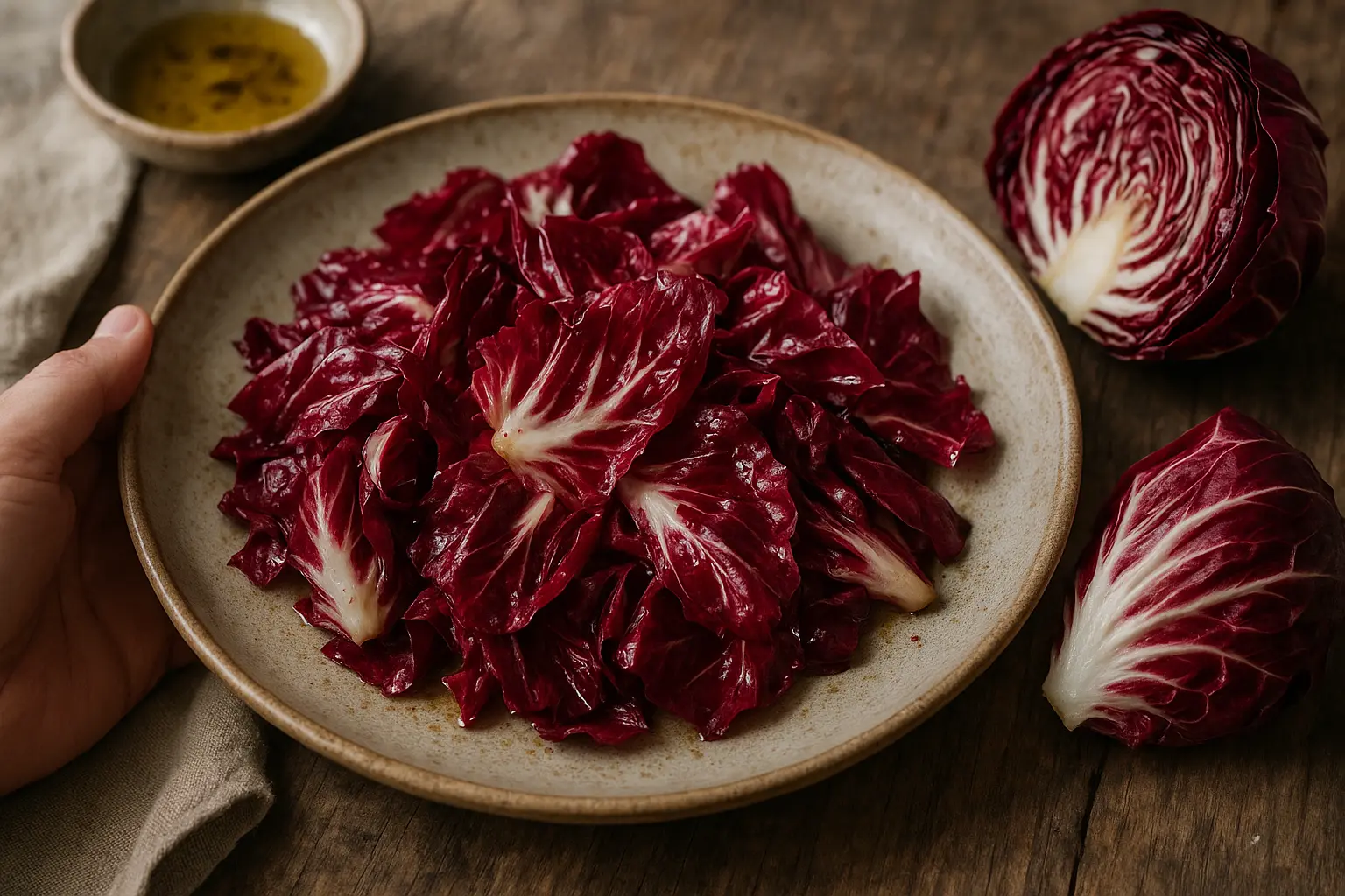 Radicchio italien aux feuilles rouges avec nuances blanches, posé sur un fond rustique