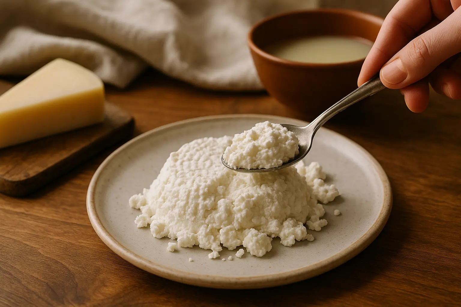 Bol de ricotta fraîche italien sur une planche en bois