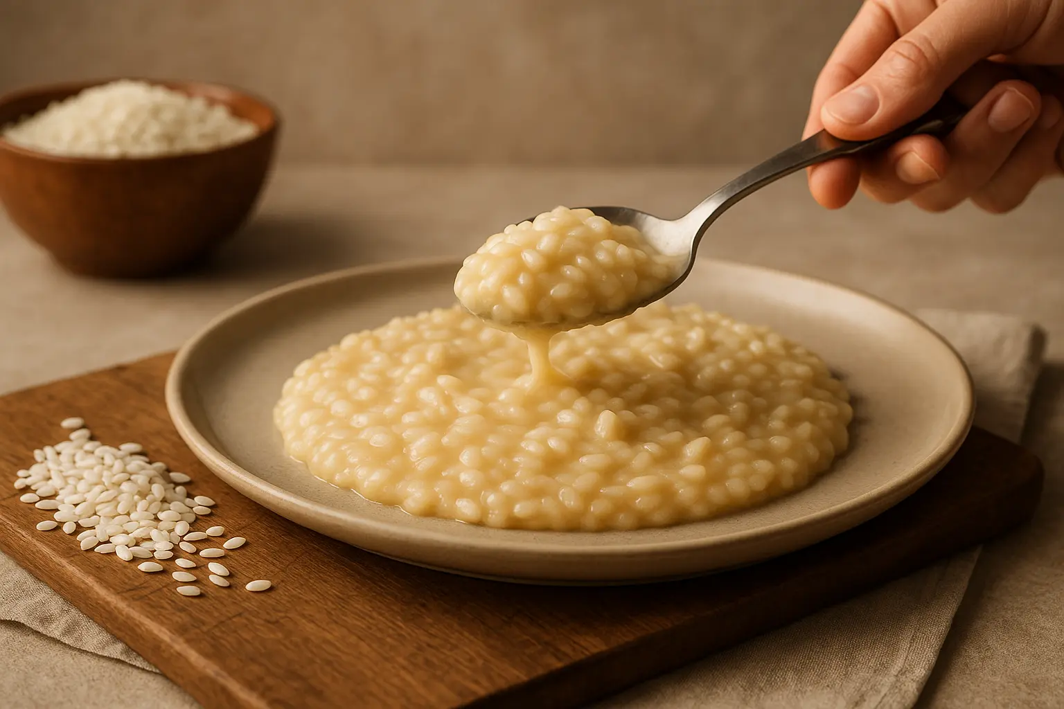 Grains de riz Carnaroli sur fond de champ