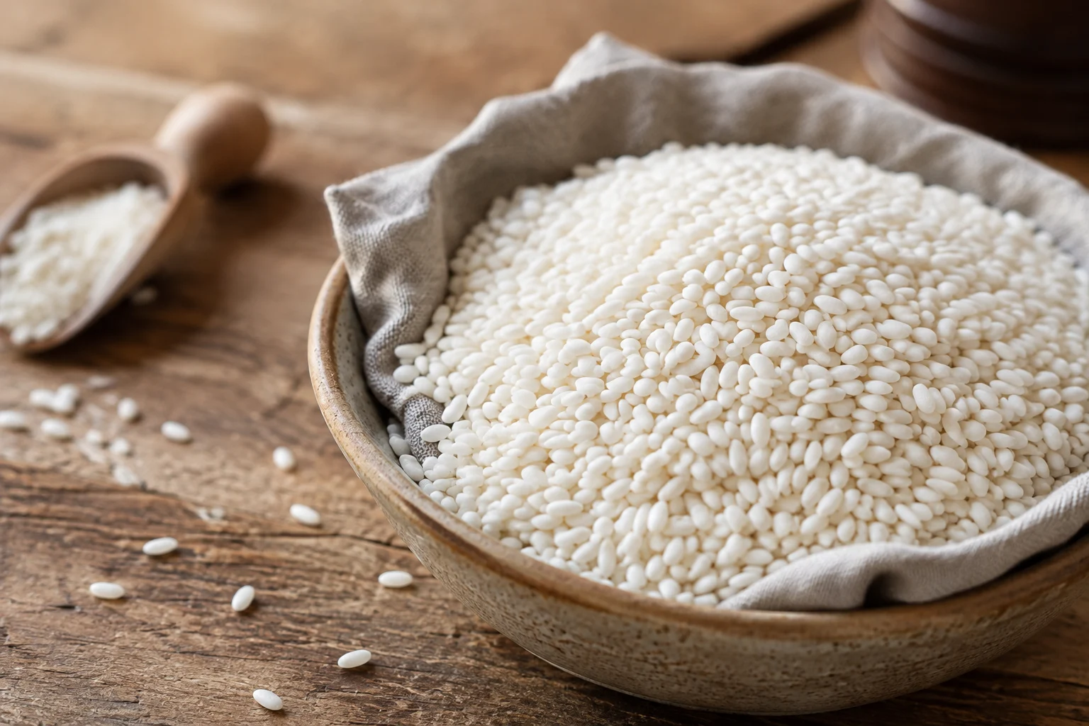 Grains de riz Carnaroli dans une cuillère en bois