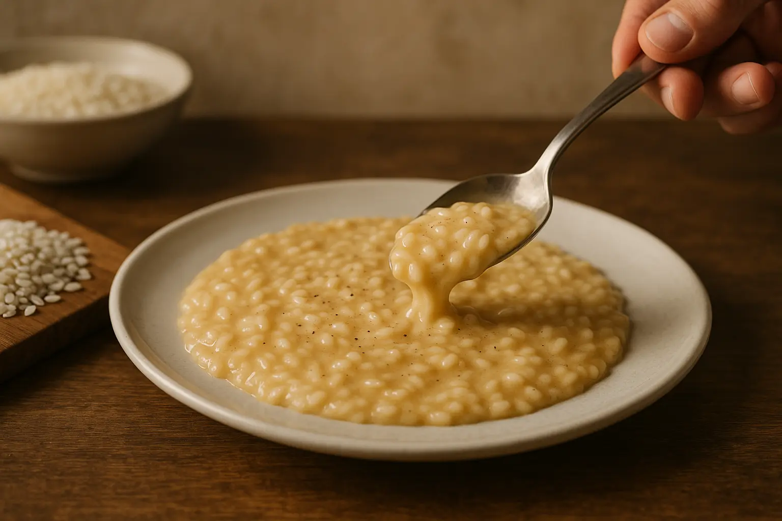 Grains de riz Carnaroli dans une cuillère en bois