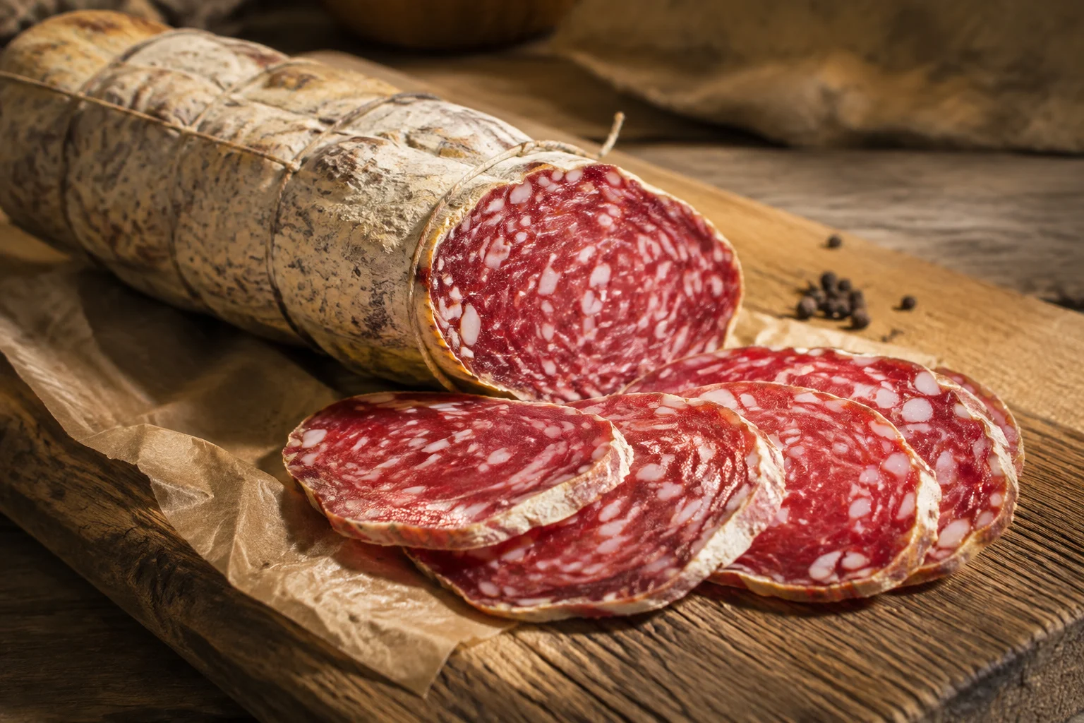 Tranches fines de Salame Felino sur planche en bois, accompagnées de Parmesan