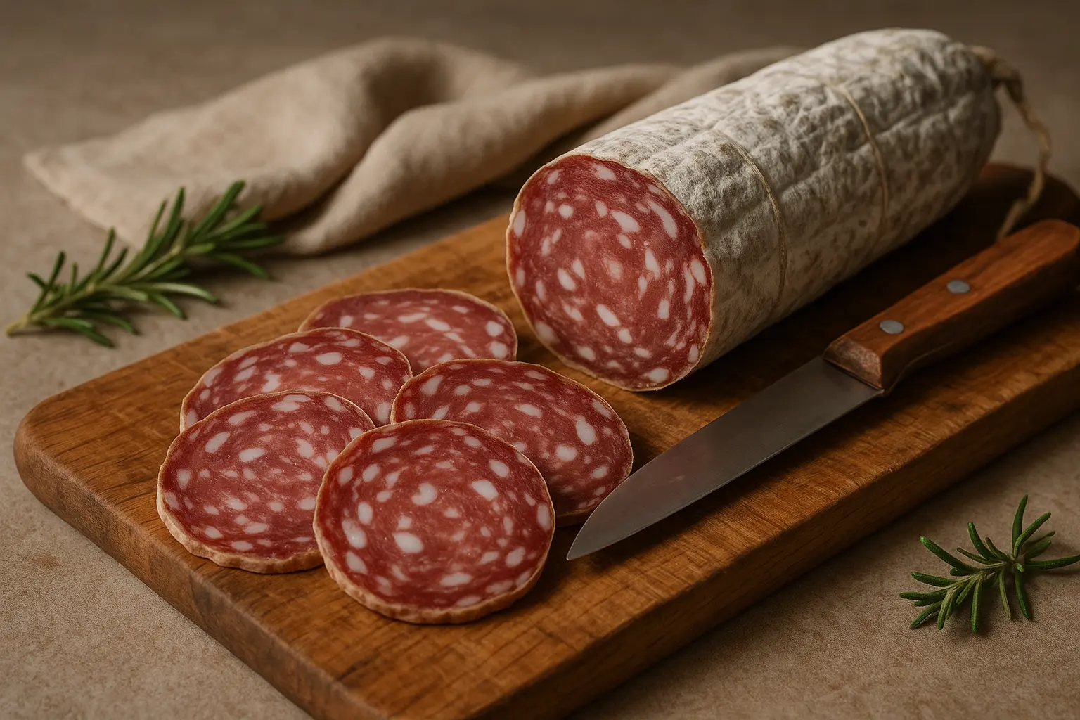 Tranches fines de Salame Felino sur planche en bois, accompagnées de Parmesan