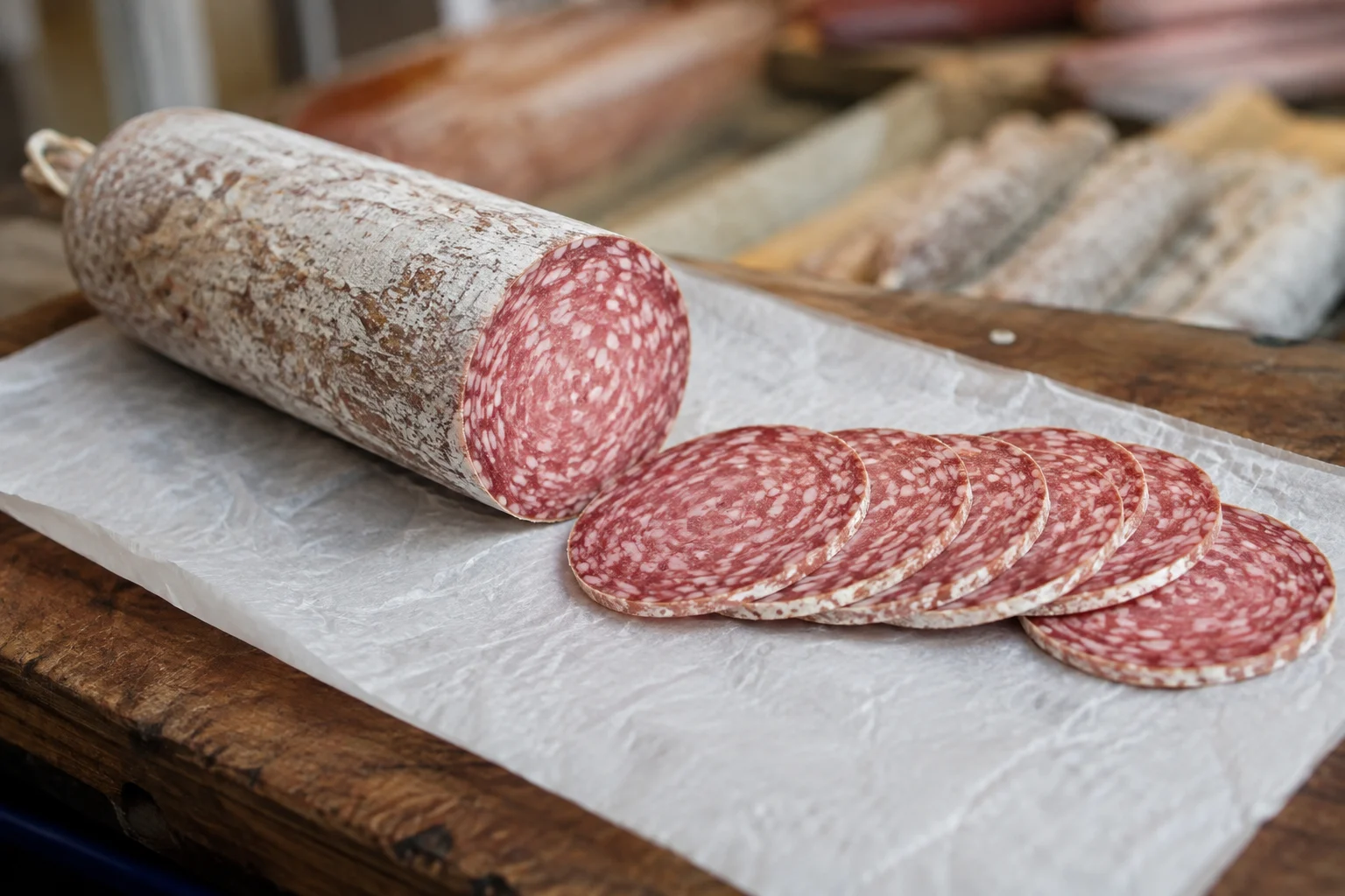 Tranches fines et rosées de Salame Milano sur planche en bois