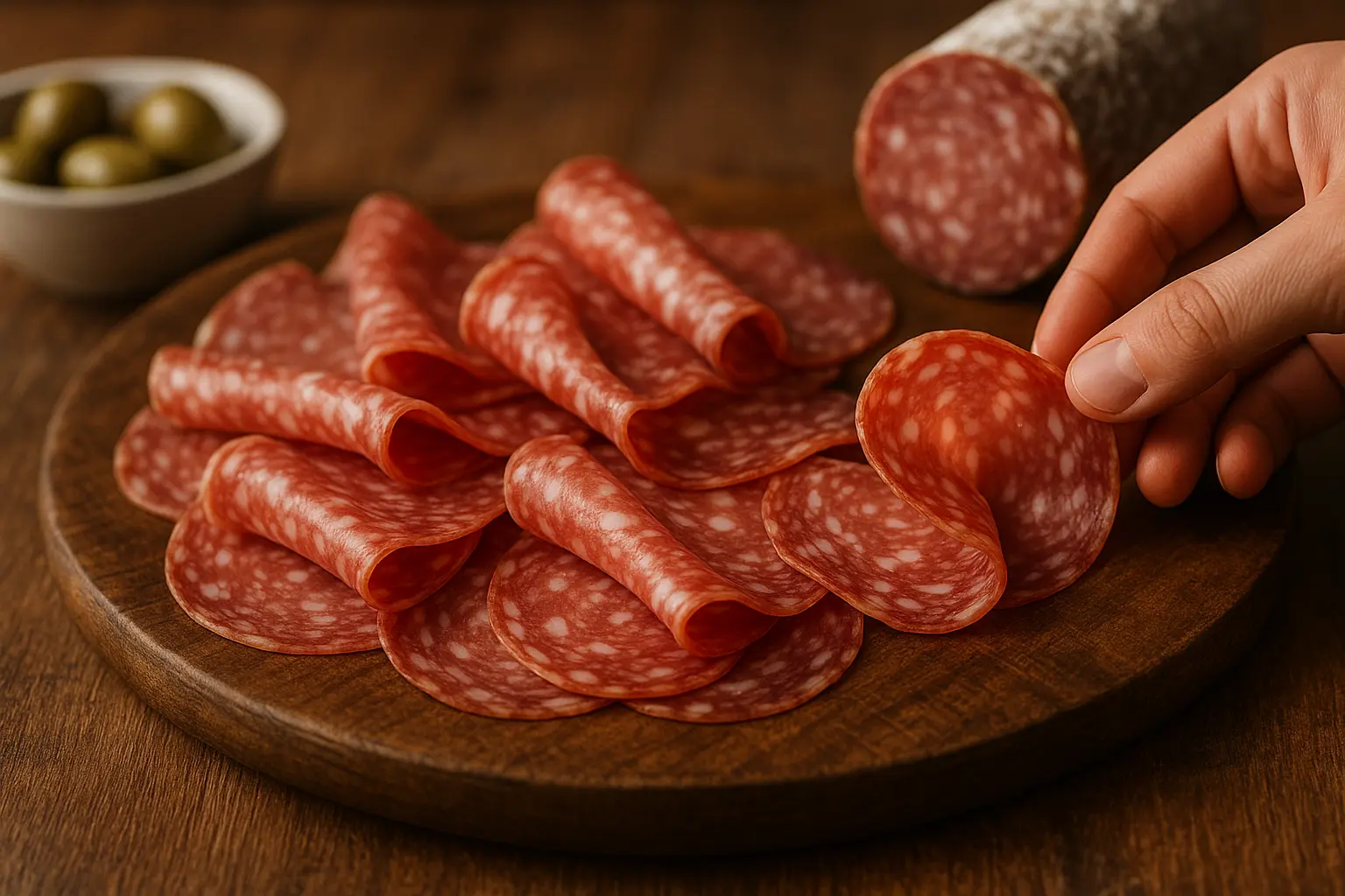 Tranches fines et rosées de Salame Milano sur planche en bois