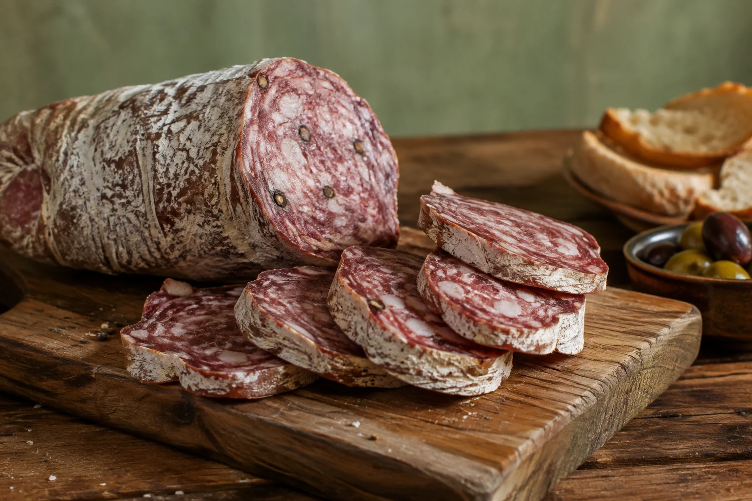 Tranches fines de Salame Napoli sur planche en bois avec olives et pain
