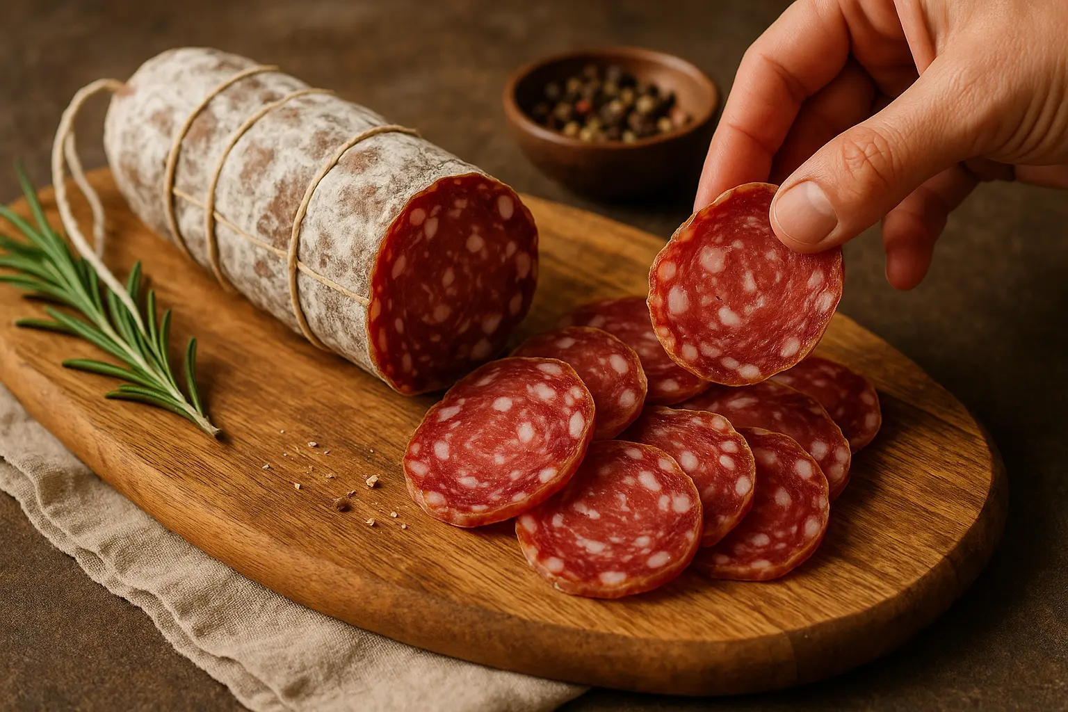 Tranches fines de Salame Napoli sur planche en bois avec olives et pain