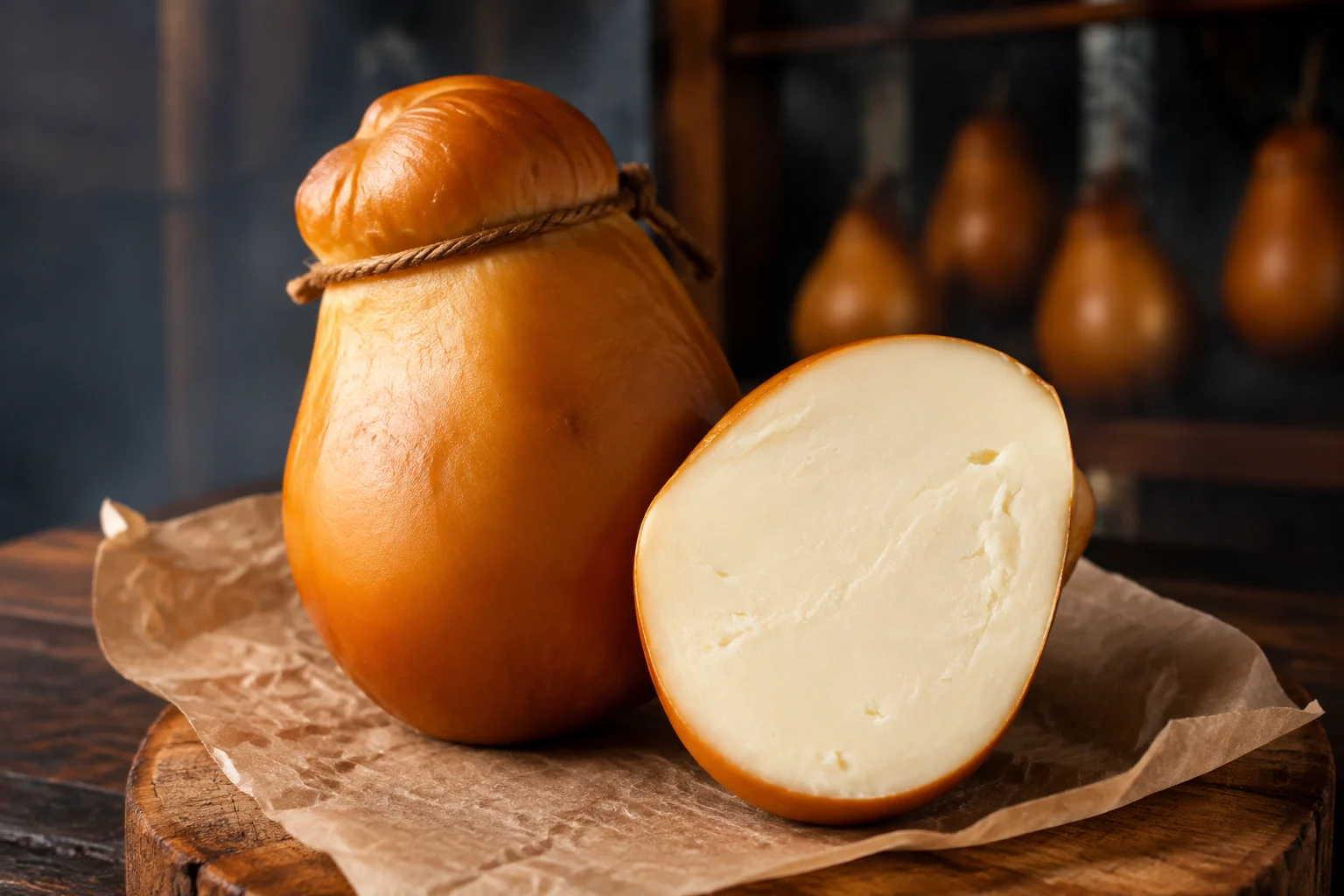 Fromage Scamorza Affumicata fumée sur planche en bois