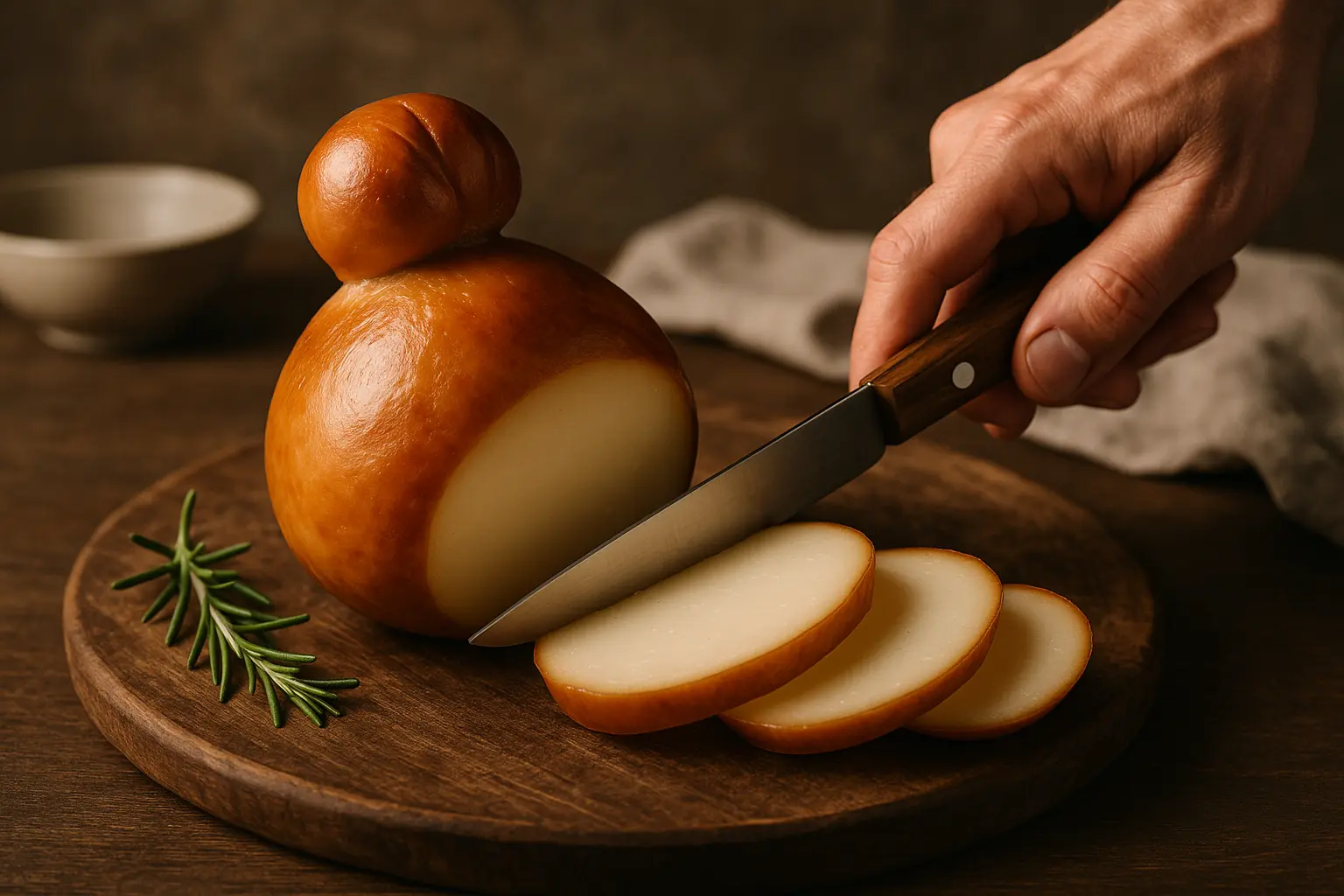 Fromage Scamorza Affumicata fumée sur planche en bois