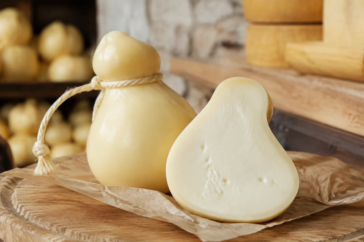 Fromage scamorza en tranches sur planche en bois