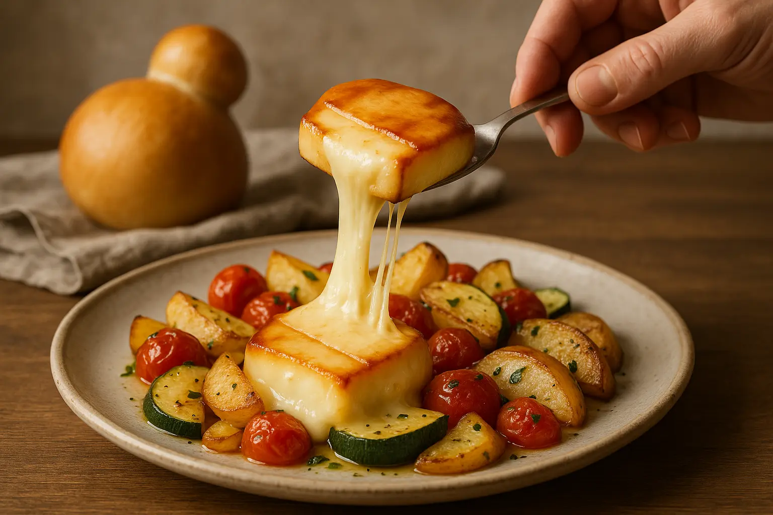 Fromage scamorza en tranches sur planche en bois